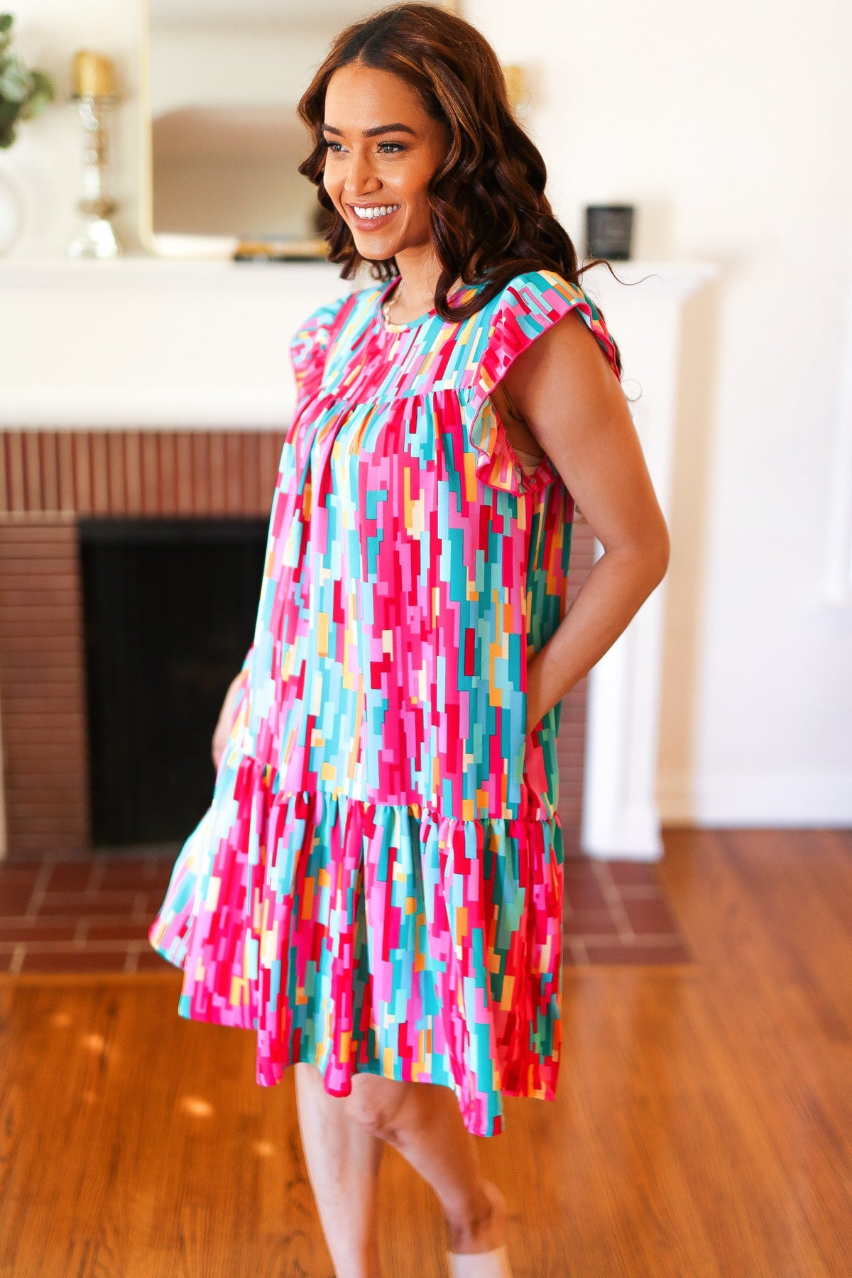 Stylish Multicolor Abstract Print Tiered Ruffle Sleeve Dress for Women | Trendy Party & Cocktail Outfit | Perfect for Date Night, Wedding Guest & Special Occasions