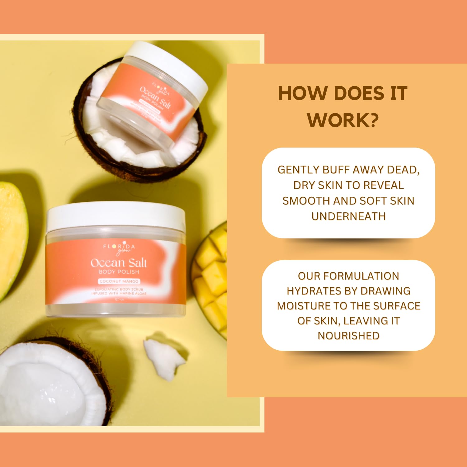 Florida Suncare Sea Salt Body Scrub with Marine Algae - Exfoliating Face & Body Polish for Acne & Scar Treatment - Coconut Mango Scented (3.3 oz) - Perfect for Spa Day, Post-Workout Refresh & Dry Skin Care