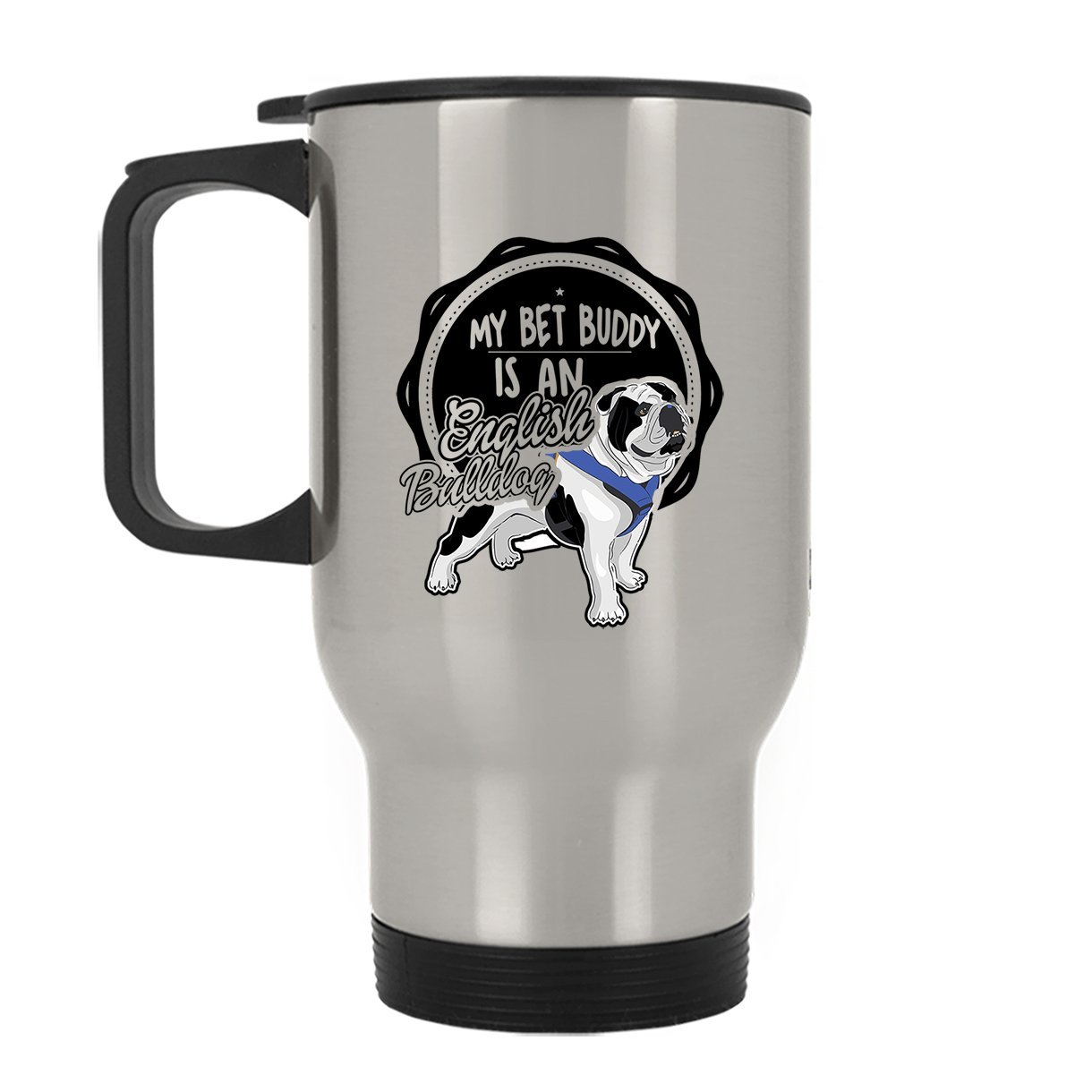 English Bulldog Best Buddy Insulated Travel Mug - 16oz Stainless Steel Coffee Cup with Lid, Leak-Proof & Heat-Resistant - Perfect for Commuting, Camping, and Office Use (Silver)