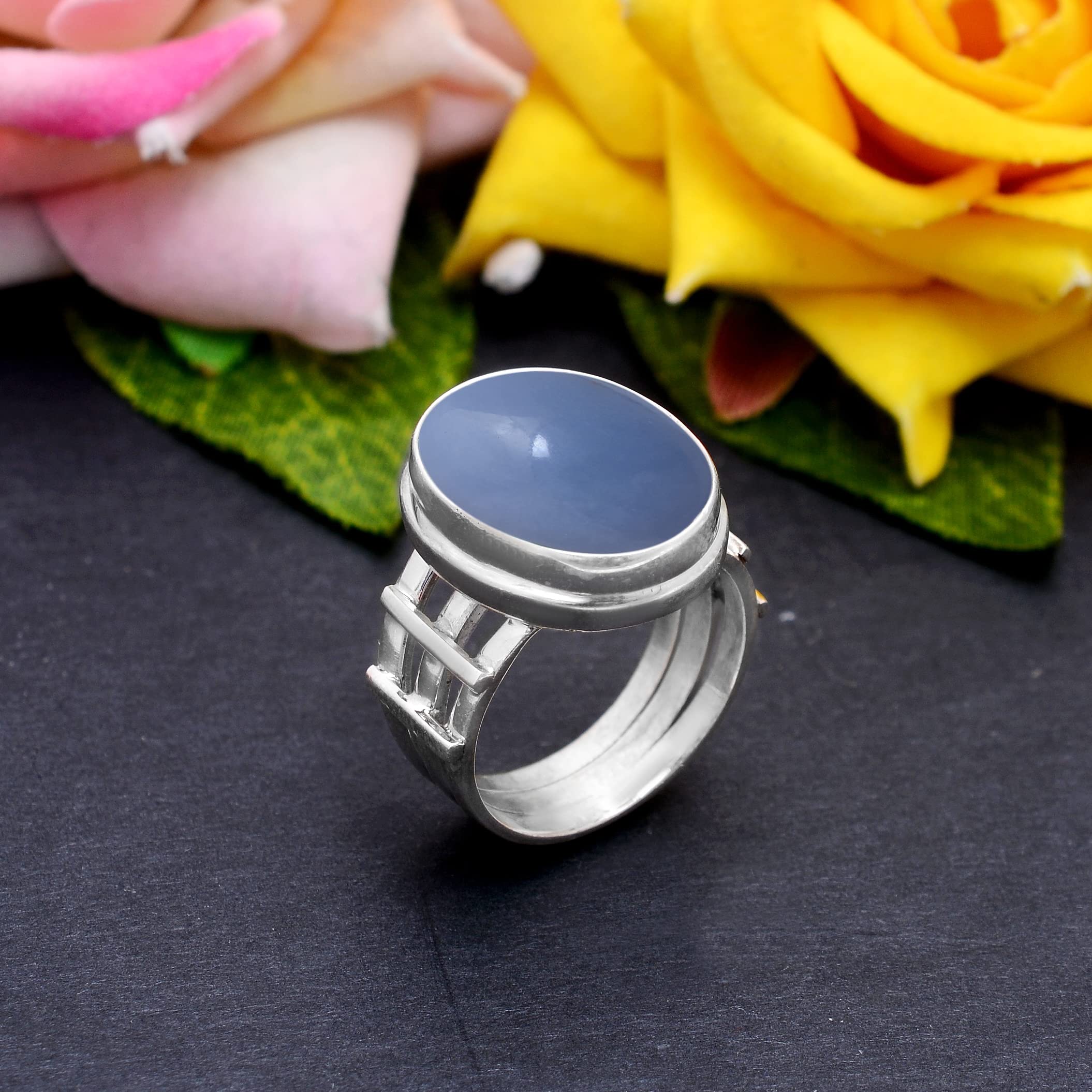 Angelite Ring for Women - 925 Sterling Silver Handmade Jewelry with Blue Angelite Gemstone | Elegant Designer Ring for Everyday Wear, Gift Giving & Special Occasions
