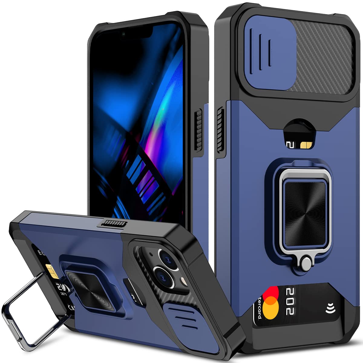 NOLLNOE Heavy Duty Protective iPhone 14 Case with Sliding Camera Cover, Card Holder & Magnetic Kickstand - Shockproof Anti-Scratch Phone Cover for iPhone 14 6.1 inch (Blue) | Perfect for Outdoor Activities, Travel & Daily Use