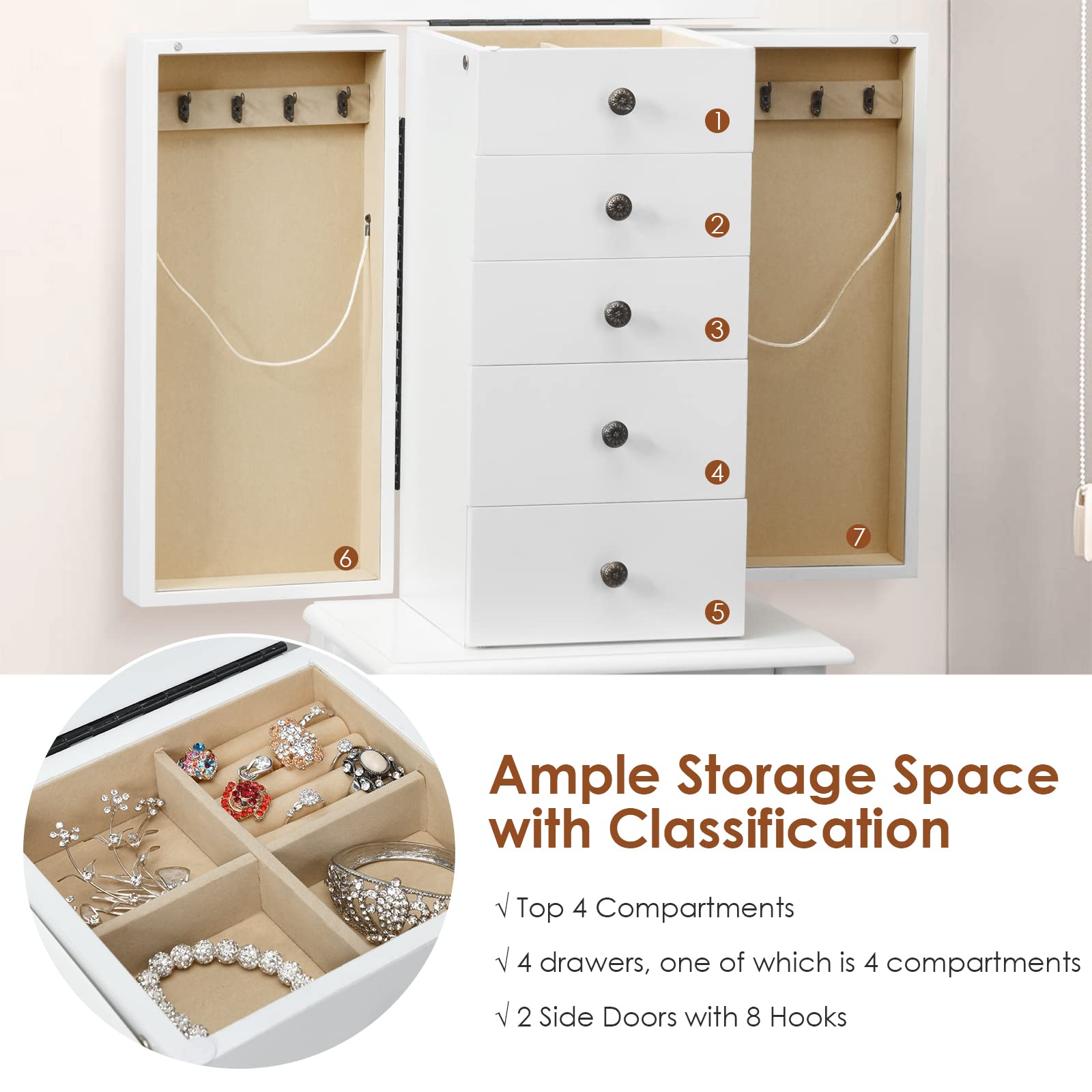 Byroce Jewelry Armoire Cabinet with Flip Top Mirror - 5 Drawers, 2 Doors & 8 Necklace Hooks - Standing Jewelry Storage Organizer for Women & Girls - Perfect for Bedroom, Closet or Dressing Room (White)