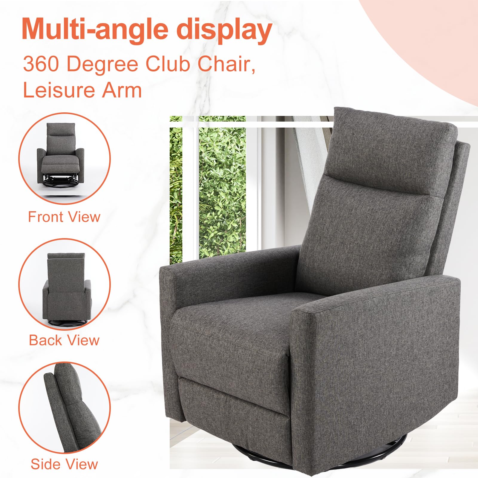 Sweetcrispy 360 Swivel Recliner Chair for Adults - High Back Upholstered Rocking Glider with Deep Seat - Grey Living Room Recliner & Nursery Chair for Relaxing, Nursing & Reading