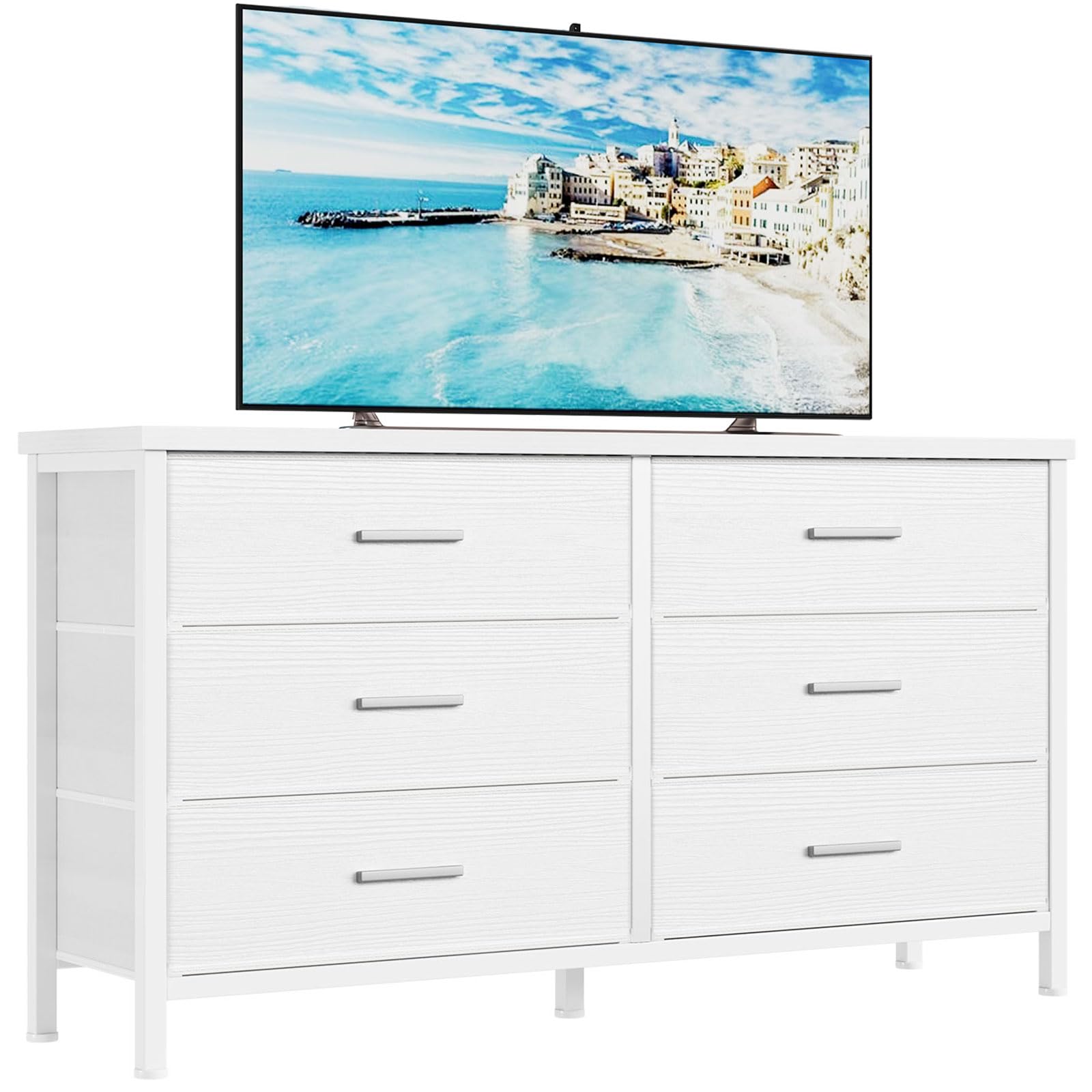 Modern 6-Drawer White Dresser for Bedroom - Wide TV Stand for 60