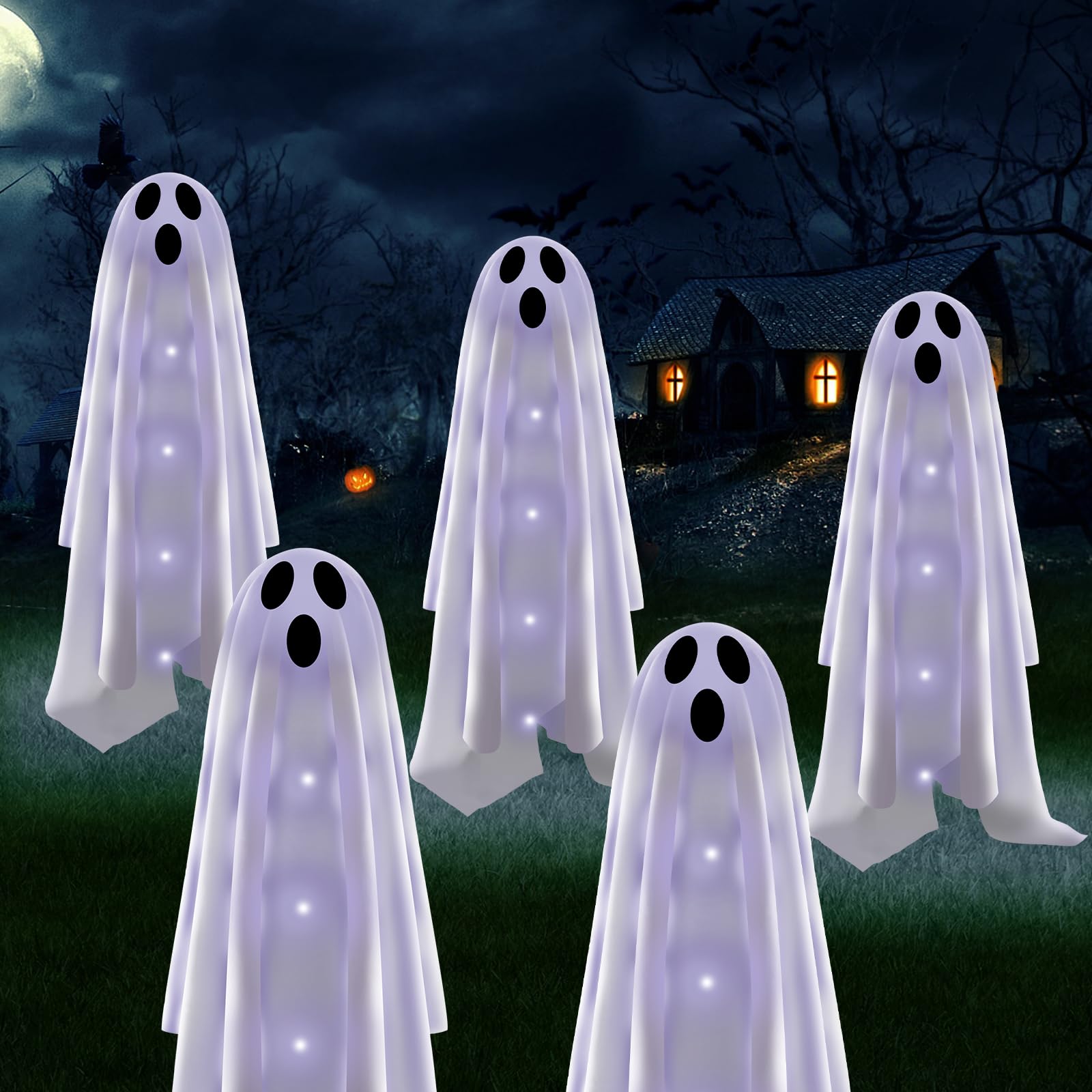 **6-Pack Halloween Solar Ghost Garden Lights - Outdoor Scary Decor for Halloween Party, Yard & Pathway - Cold White LED Solar-Powered Path Lights for Spooky Nighttime Ambiance**