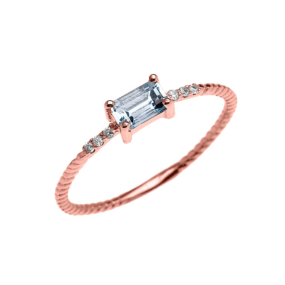 14K Rose Gold Diamond Accented Emerald Cut Aquamarine Solitaire Engagement Ring with Fluted Rope Band - Perfect for Proposals, Anniversaries & Special Occasions