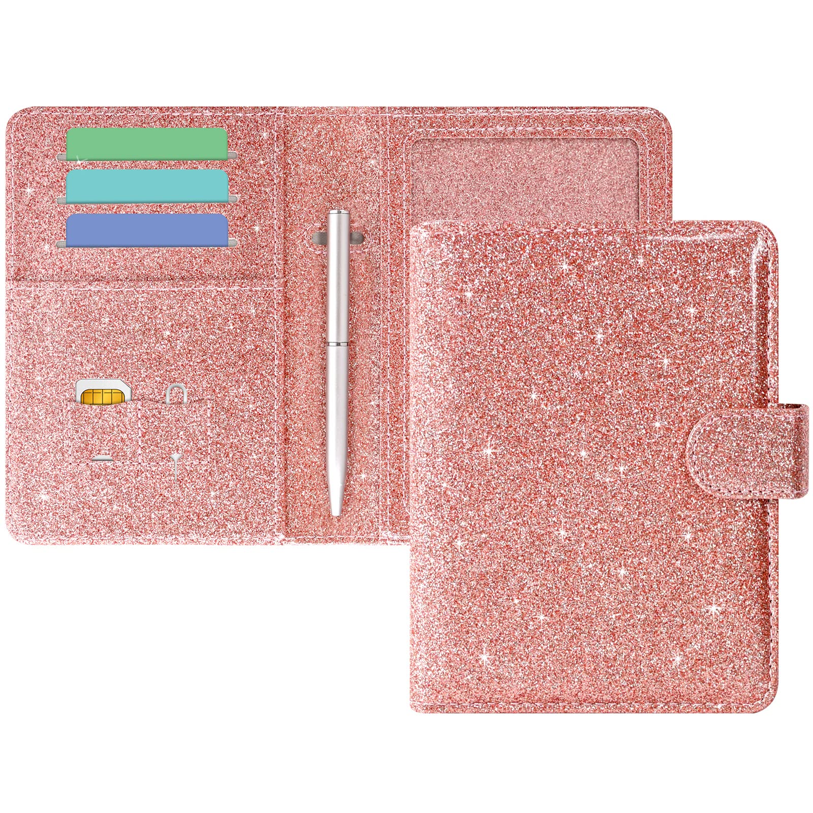 Premium PU Leather RFID Blocking Passport Holder & Travel Wallet - Secure Magnetic Closure, Includes Free Mini Pen - Glitter Rose (Women & Men) - Ideal for Air Travel, Business Trips & Vacation Document Organization
