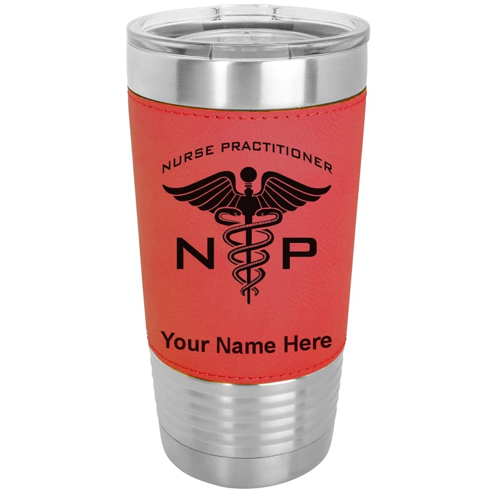 LaserGram 20oz Vacuum Insulated Stainless Steel Tumbler with Personalized Engraving - NP Nurse Practitioner Gift, Faux Leather Handle, Red - Perfect for Coffee, Tea & Cold Drinks at Work or Travel