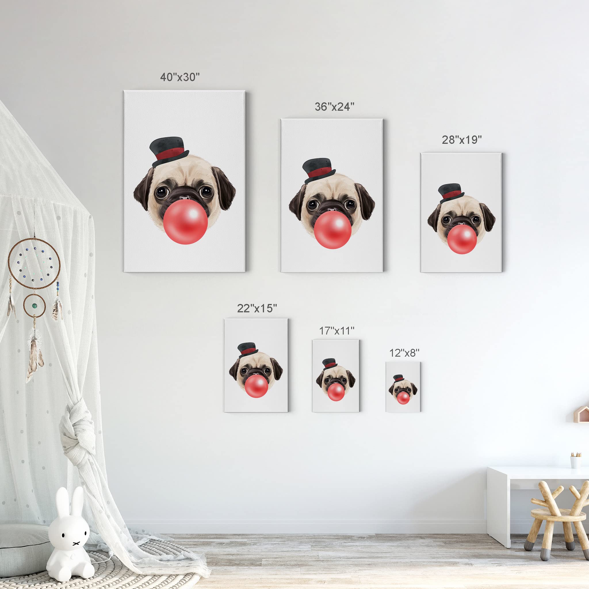 Pug Dog with Hat Chewing Bubble Gum Canvas Wall Art Print - 36x24 Inch Pet Lover Gift, Pop Art Animal Portrait for Office, Living Room, Bedroom & Nursery Decor | Funny Dog Artwork for Home & Kids Room