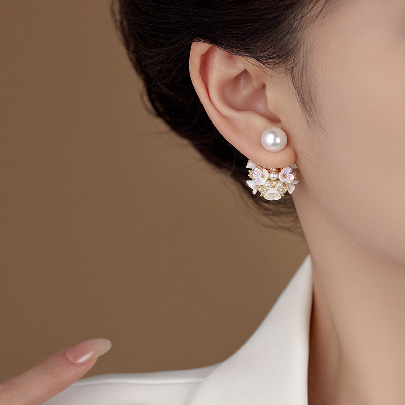 Elegant Pearl Flower Front Back Ear Jacket Earrings for Women | Dainty Pearl Stud Ear Cuff Jewelry | Perfect for Weddings, Parties & Everyday Wear (HE6351)