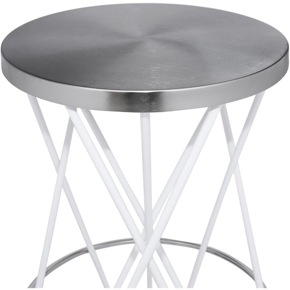 Modern Iron Bar Stool - Brushed Silver Finish & White Powder Coating | Meridian Furniture 948White Mercury Collection | Perfect for Kitchen Islands, Breakfast Bars & Contemporary Dining Areas