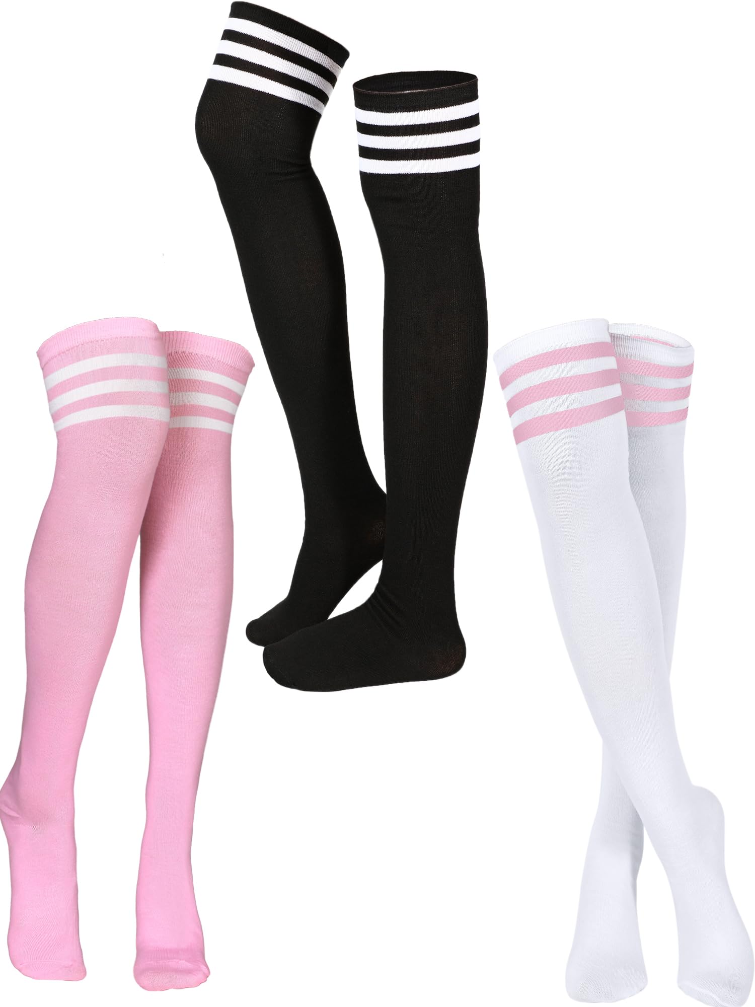 SATINIOR 3 Pairs Knee High Socks for Women - Thigh High Triple Stripe Over The Knee Socks, Long Opaque Thigh Stockings for Winter, Fashion & Daily Wear