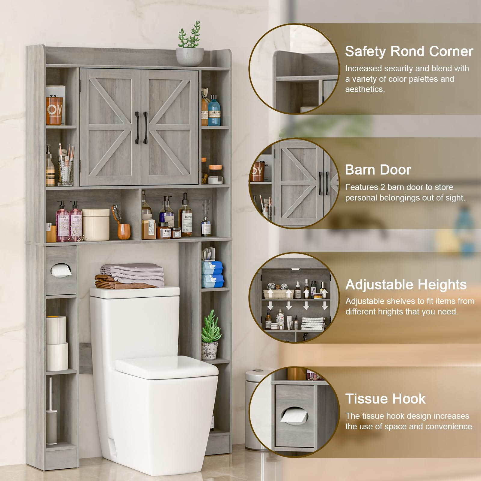 Farmhouse Style Over The Toilet Storage Cabinet with Barn Doors - Space Saving Bathroom Organizer for Toiletries, Towels & Laundry (Perfect for Small Bathrooms, Powder Rooms & Apartment Living)