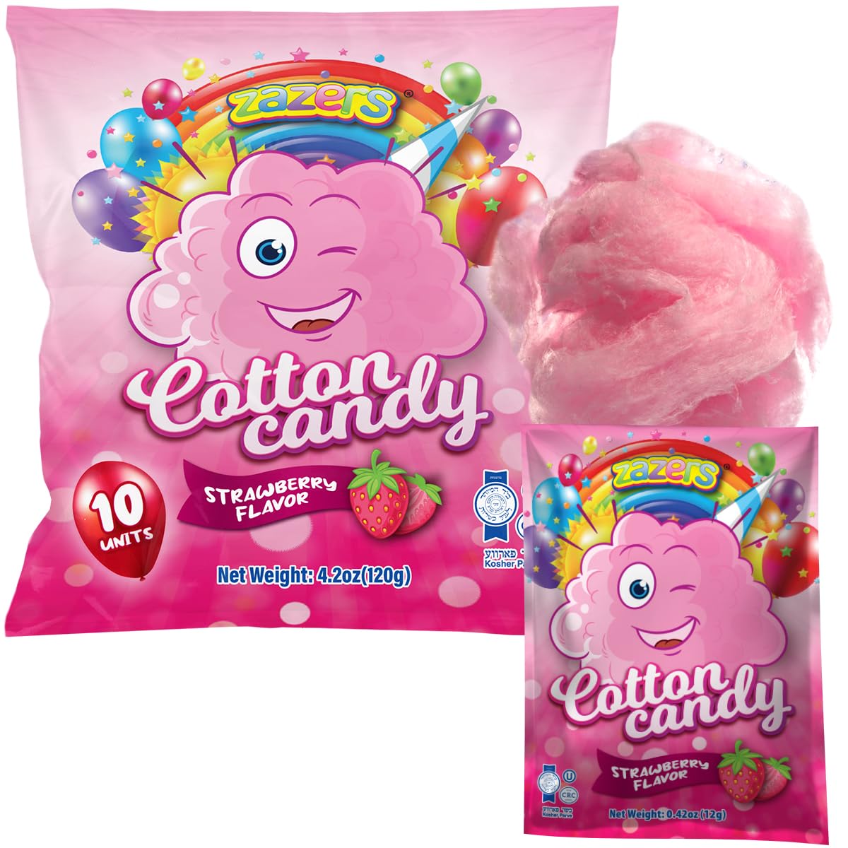10 Pack Mini Cotton Candy Bags - Strawberry Flavor, 0.42oz Each, Individually Wrapped Pink Kosher Candy for Parties, Favors & Events - Perfect for Birthday Celebrations, Baby Showers and Carnival Treats