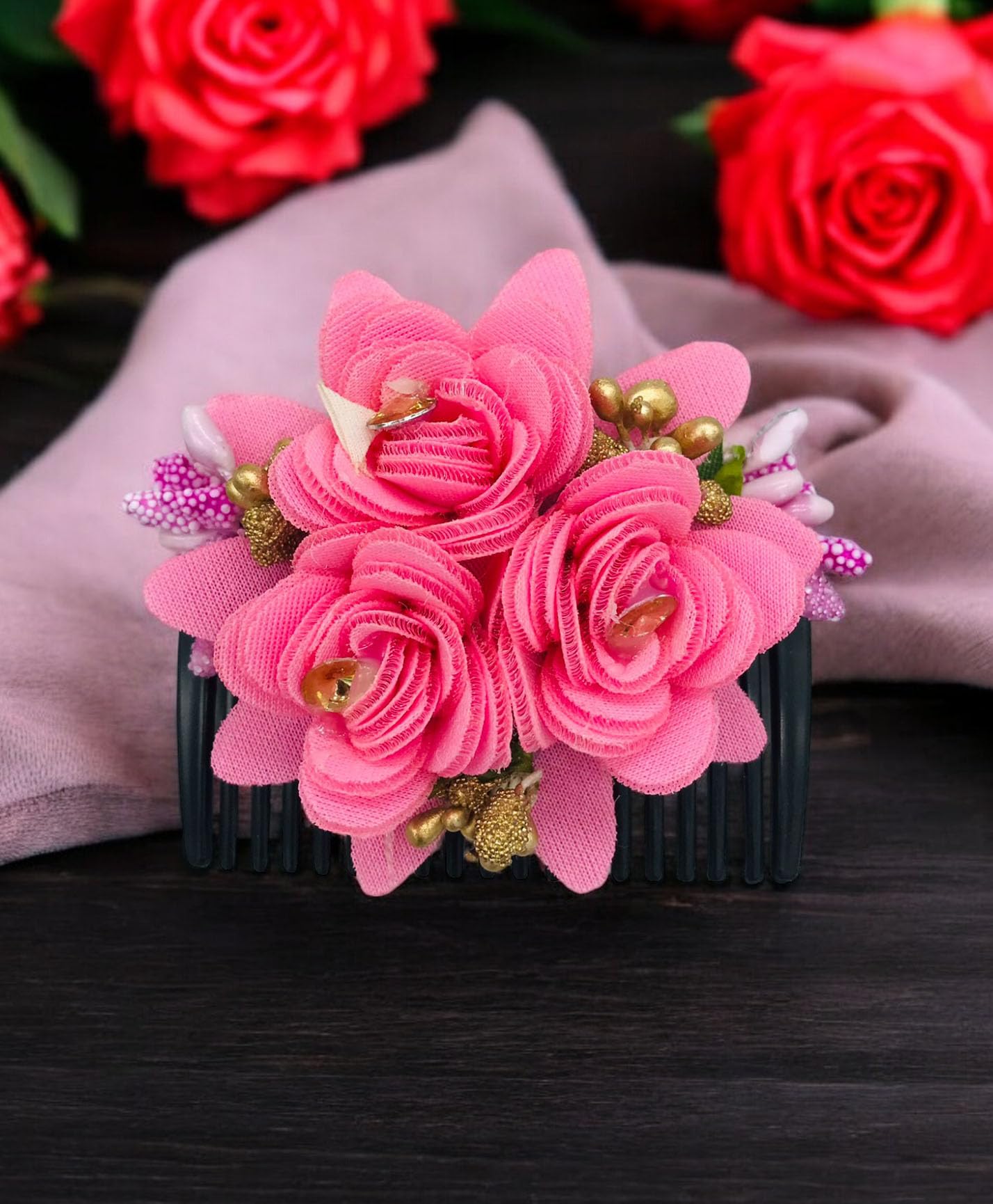 Gadinfashion™ Artificial Flower Juda Comb - Elegant Side Hair Comb for Women & Girls, Perfect Wedding & Party Hair Accessories (Pack of 1) - Great for Bridal Hairstyles, Prom, and Special Occasions