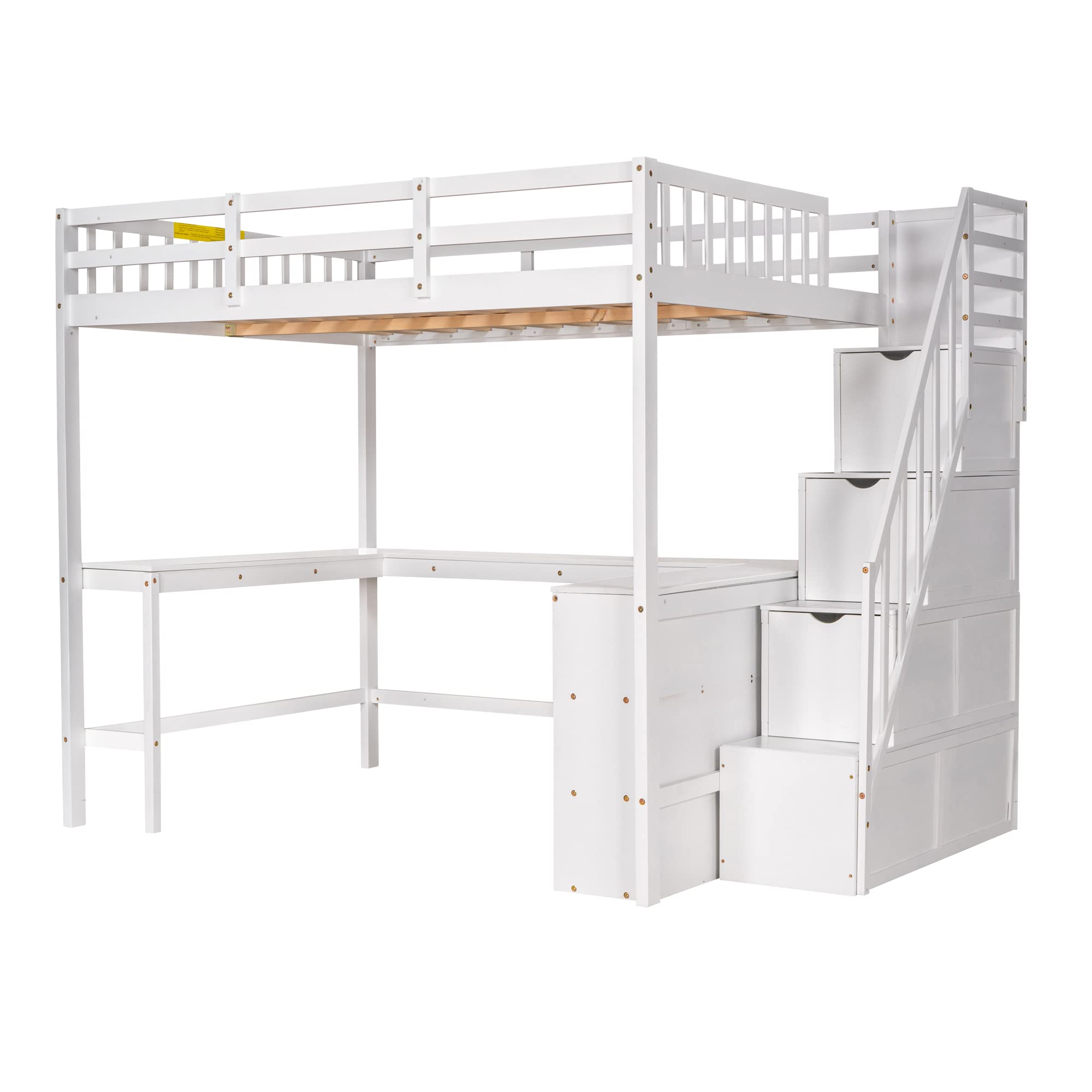 Full Size Loft Bed with L-Shaped Desk, Stairs & Storage Shelves - Space Saving Wooden Loft Bed Frame for Adults & Kids - Sturdy, Noise-Free White Loft Bed for Small Bedrooms, Dorms & Home Offices