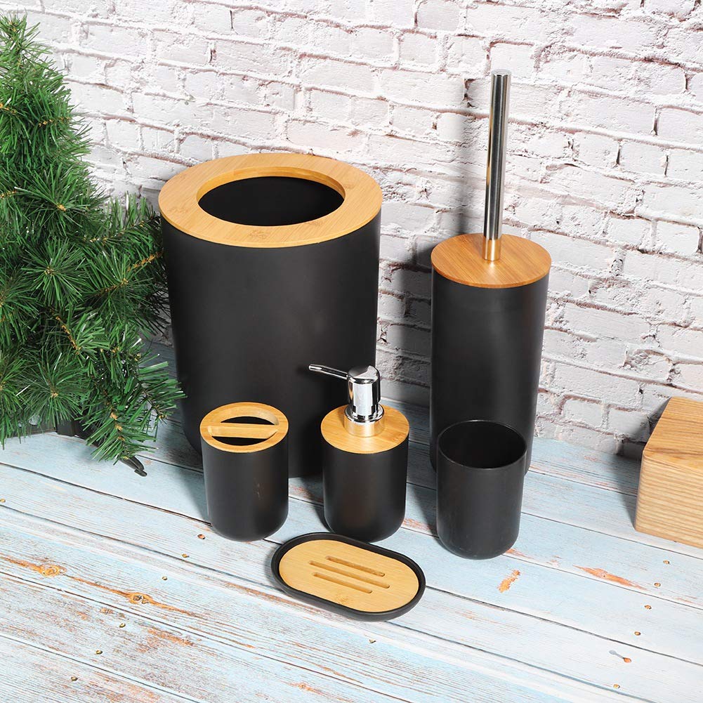 6Pcs Bathroom Accessories Set - Toilet Tool Holder, PP Plastic & Bamboo Trash Can, Lotion Bottle, Soap Tray, Toothbrush & Toilet Brush with Holder Cup (Black) - Perfect for Modern Bathroom Organization & Home Decor