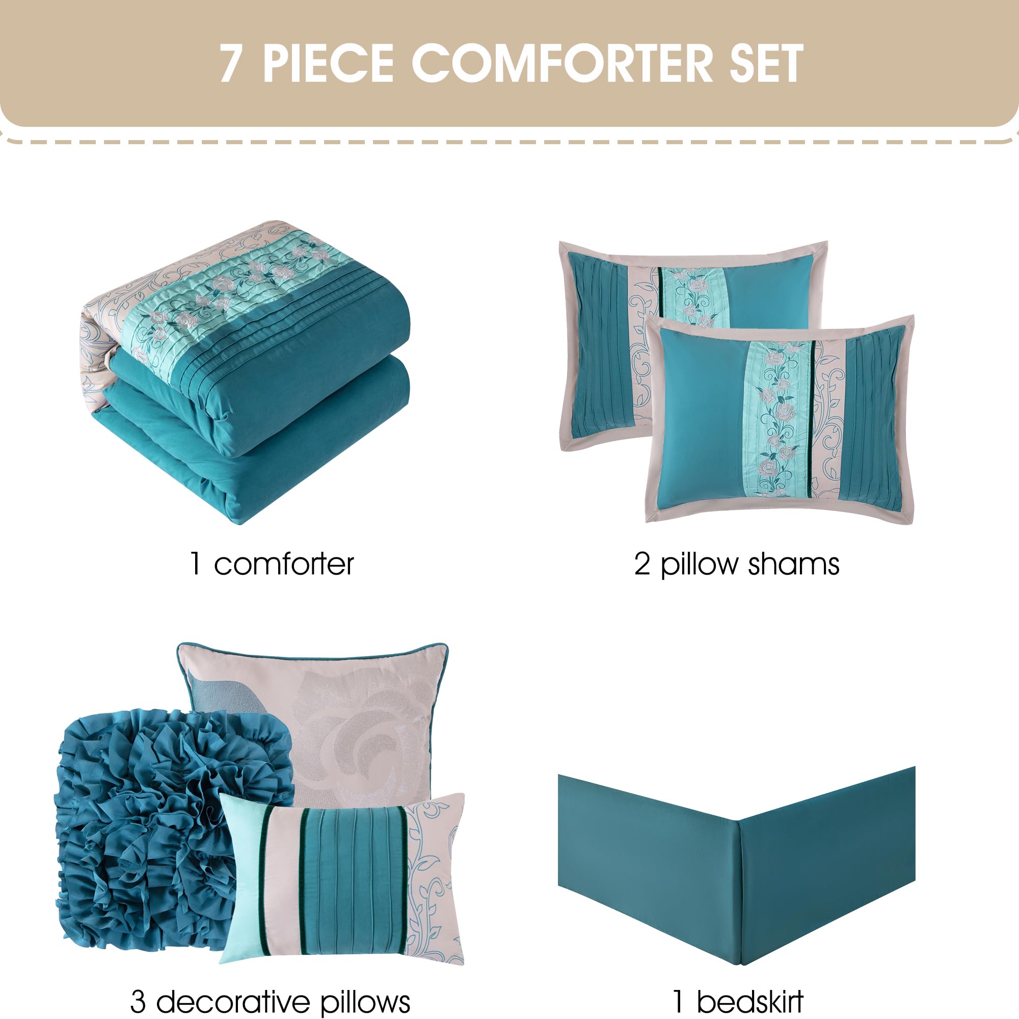 Grand Avenue Teal and Grey 7-Piece Queen Comforter Set with Pillow Shams & Bedskirt | Floral Bedding Collection for Home Decor | Perfect for Master Bedroom, Guest Room & Cozy Retreats