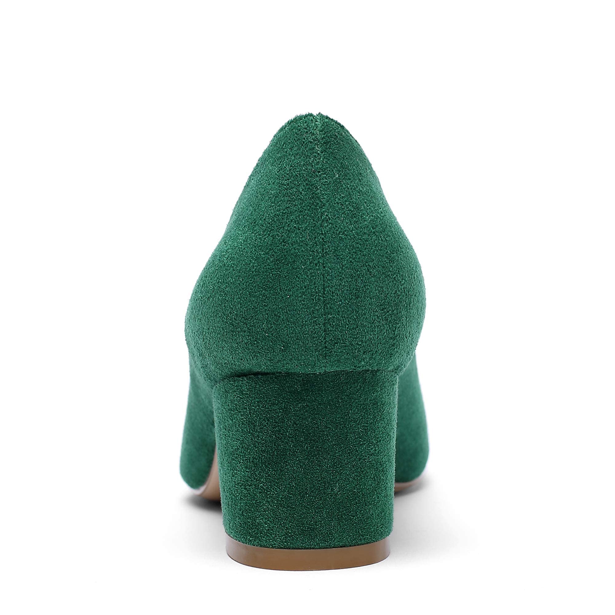 YODEKS Women's Low Block Heel Slip-On Pumps - Round Toe Chunky Heel Dress Shoes for Business, Wedding & Office Wear - Silver-Green Suede US 7.5 | Comfortable Work Shoes for Professional Women & Special Occasions