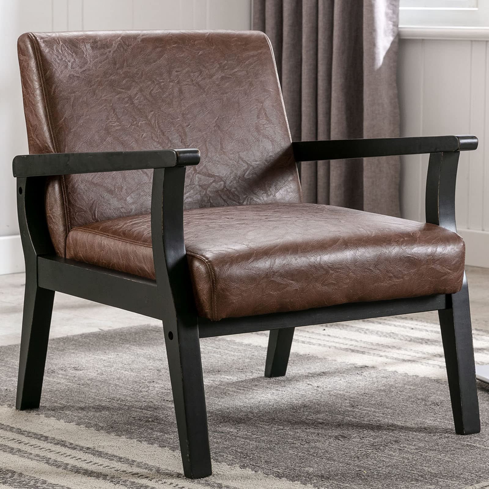 VESCASA Mid Century Modern PU Accent Arm Chair with Black Wood Legs - Faux Leather Comfortable Side Chair, 23.2