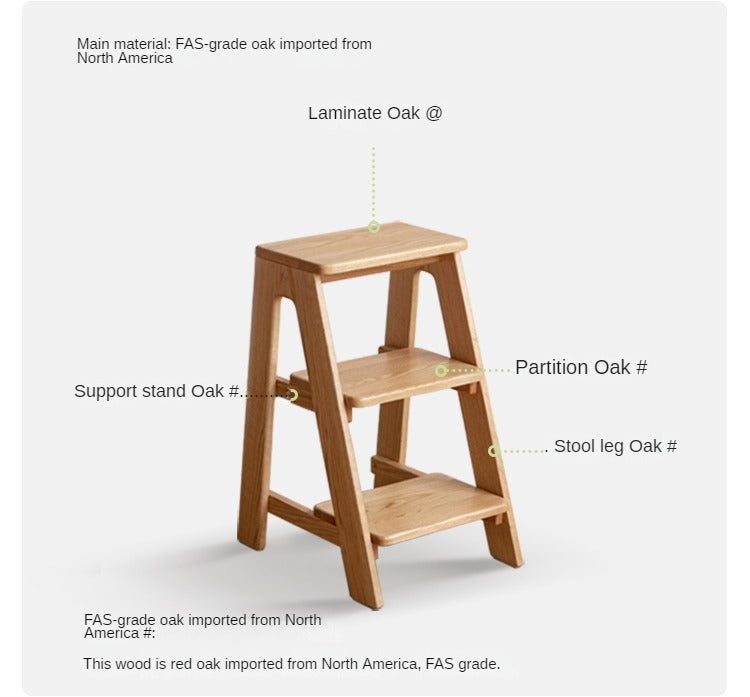 Solid Oak Wood Step Stool - Sturdy 2-Step Ladder for Kitchen, Bathroom & Kids - Non-Slip Safety Footrest for Home, Office & Closet Organization