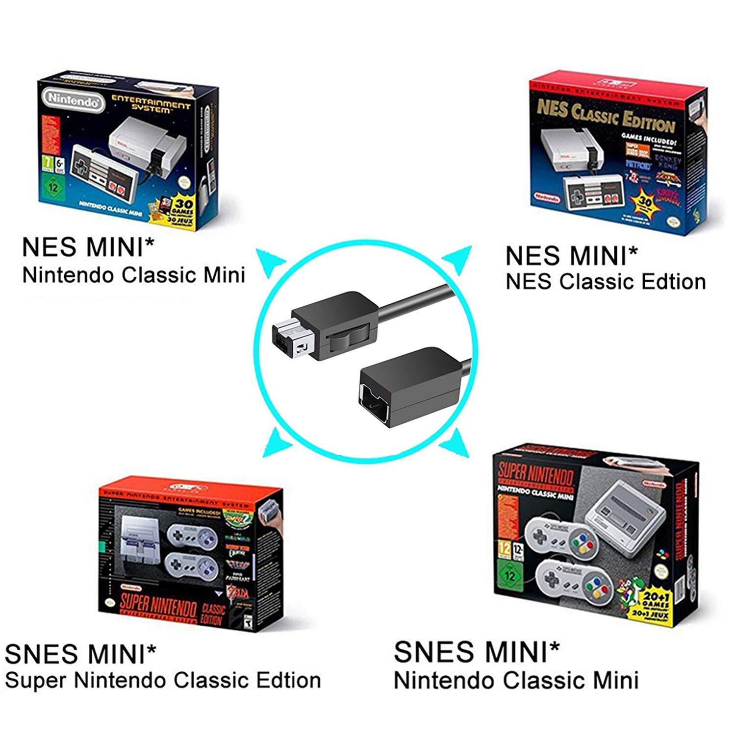 2-Pack 10Ft SNES Classic Controller Extension Cable for Super Nintendo & NES Classic Edition, Mini Versions (2016/2017) & Wii U - Perfect for Gaming Setups & Multiplayer Sessions