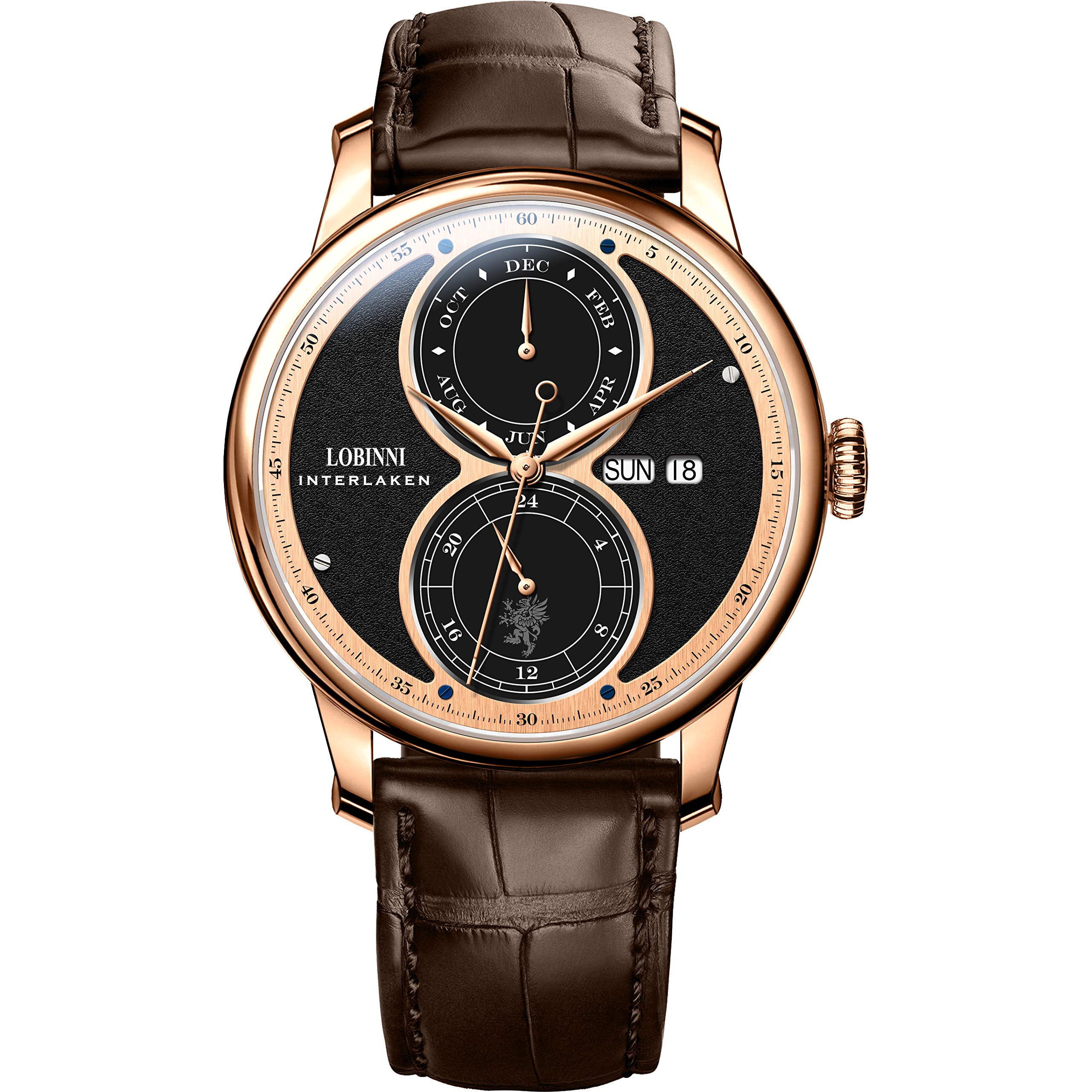 LOBINNI Luxury Automatic Watch for Men - 50M Waterproof Mechanical Dress Watch with Month/Week/Date Functions, Rose Gold Case & Black Dial, Genuine Leather Band - Perfect for Business, Formal Events & Everyday Wear