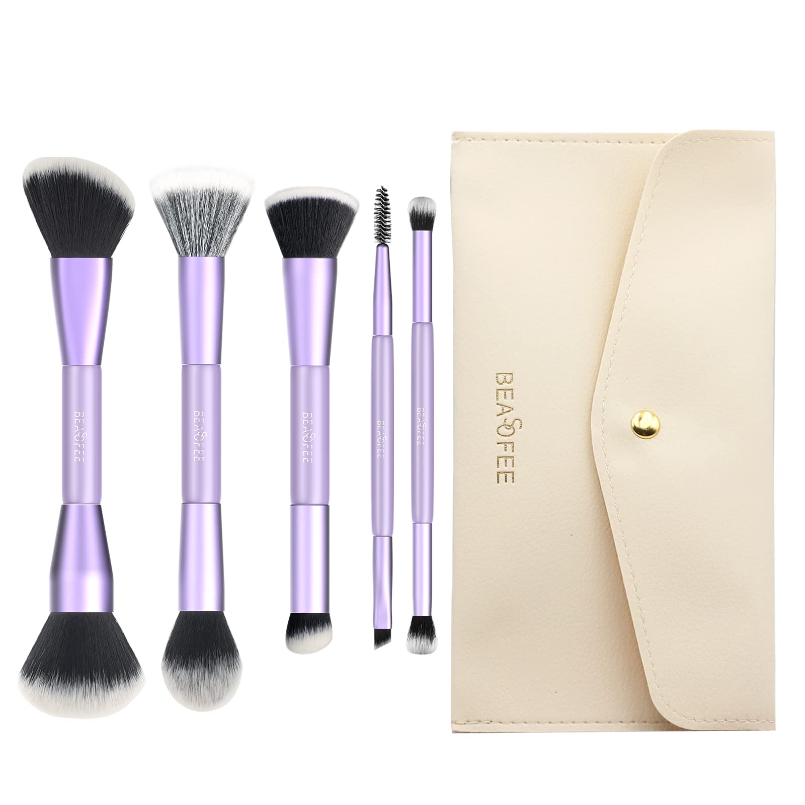Premium Synthetic Makeup Brush Set - 5 Pcs Foundation, Powder, Concealer & Eyeshadow Brushes with Purple Cosmetic Bag | Perfect for Professional Makeup Artists & Beginners | Home, Travel & Salon Use