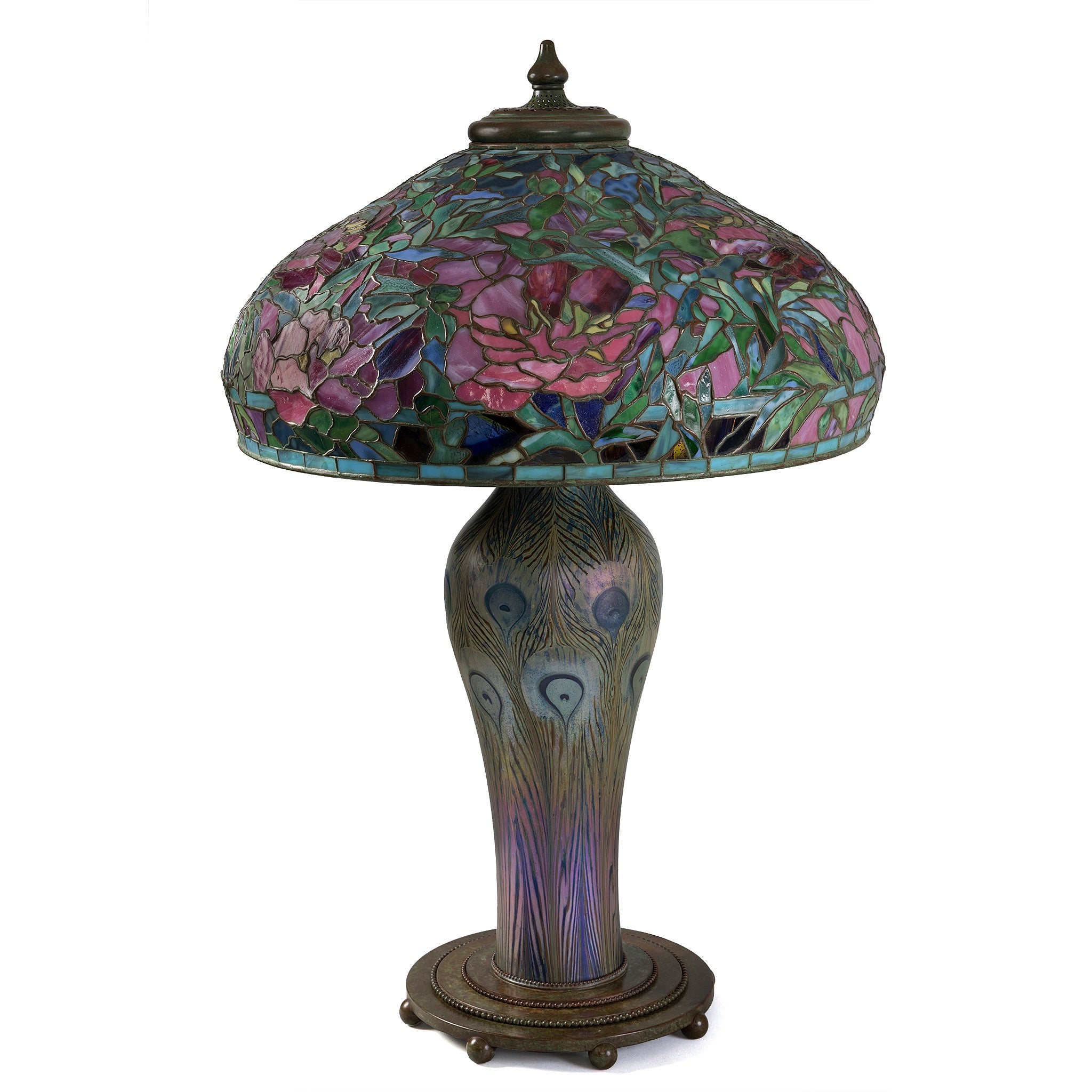 Tiffany Studios New York Elaborate Peony Table Lamp - Stained Glass Floral Design, Antique Style Home Decor for Living Room, Bedroom & Office Lighting