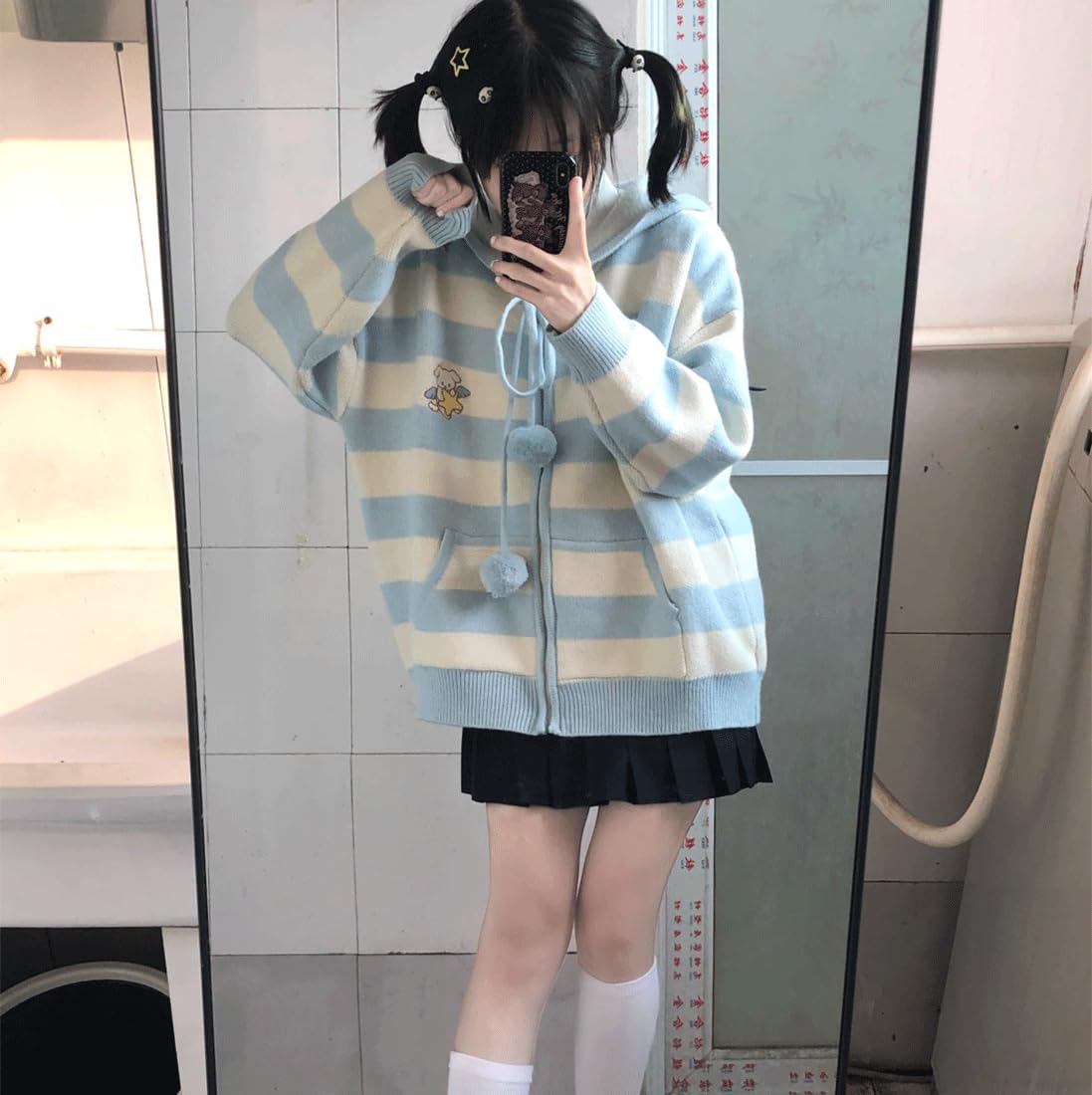 Y2K Harajuku Kawaii Goth Fashion Soft Knitted Hooded Cardigan with Cute Doggy Embroidery & Stripe Trim - Perfect for Streetwear, Cosplay & Casual Outfits