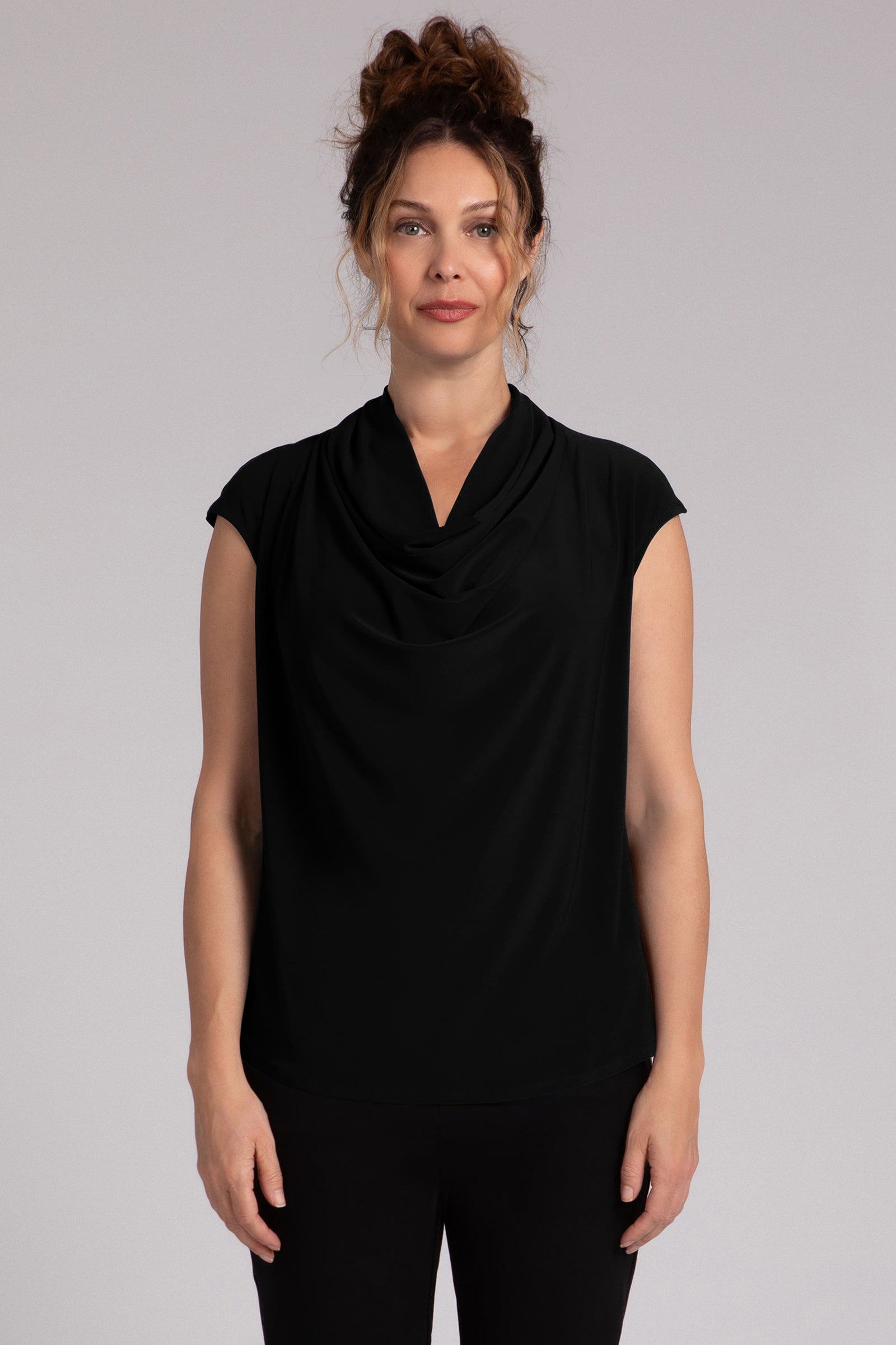 Elegant Black Draped Cowl Neck Top for Women - Stylish Casual & Evening Wear - Perfect for Parties, Dates, and Office Outfits