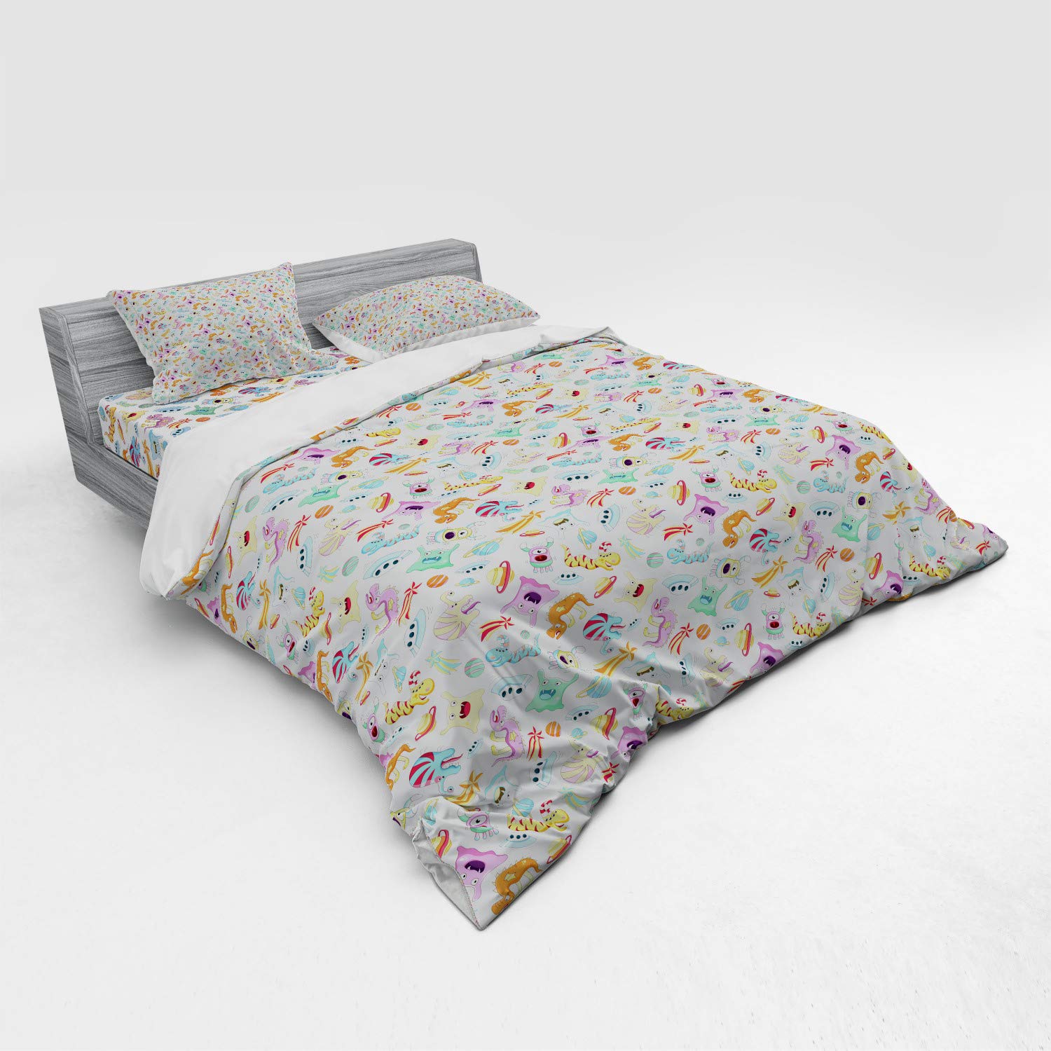 Ambesonne Alien Duvet Cover Set - Monsters, Aliens, Planets, UFOs & Shooting Stars Astronomy Theme 4-Piece Bedding Set with Shams & Fitted Sheet, King Size, Multicolor - Perfect for Sci-Fi Lovers & Space-Themed Bedrooms