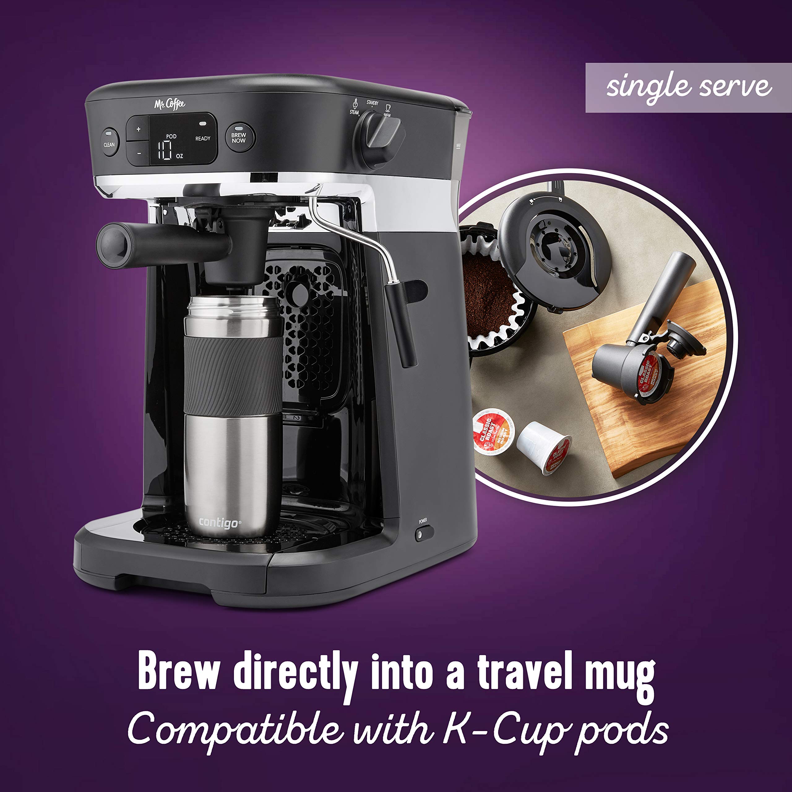 Mr. Coffee All-in-One Coffee Maker with 10-Cup Thermal Carafe, Espresso & Milk Frother, Includes Storage Tray - Perfect for Home, Office & Entertaining (Black)