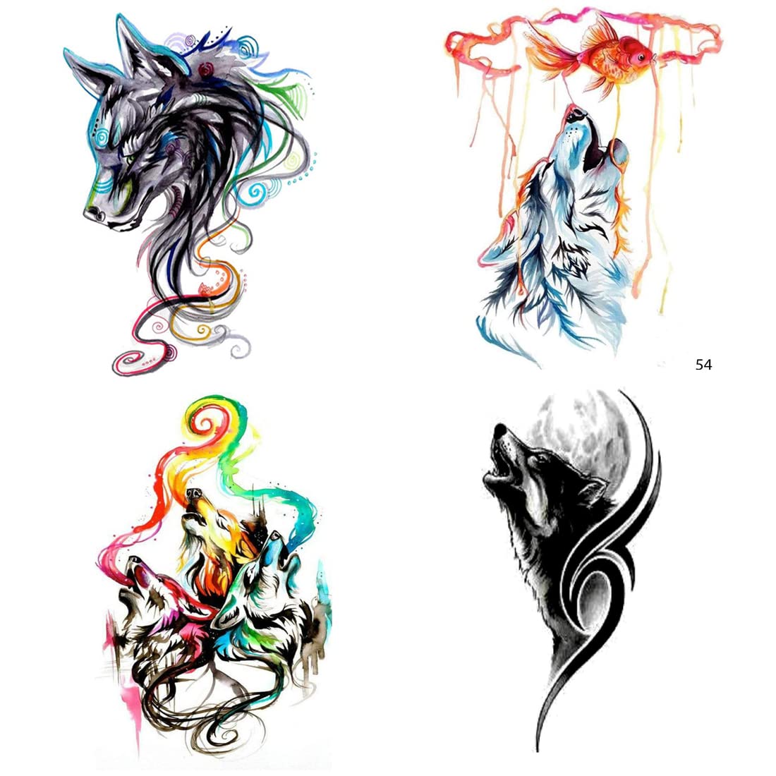 Wild Wolf Tribal Temporary Tattoos for Men & Women - Pack of 4 Waterproof Fake Tattoo Stickers (2x4 Inch) - Perfect for Parties, Halloween, Cosplay & Body Art