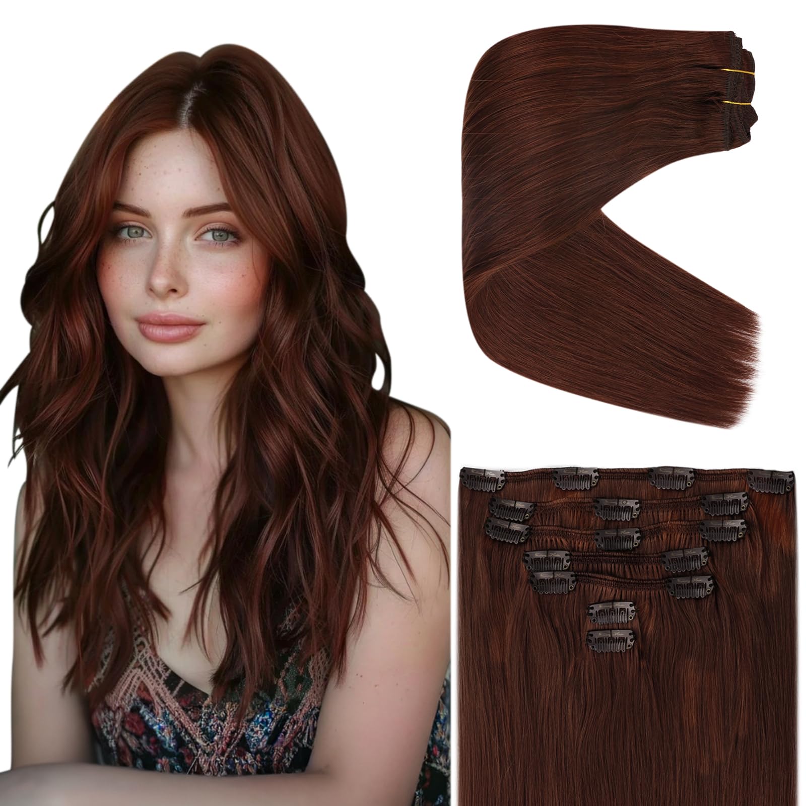 Ve Sunny 20 Inch Dark Auburn Real Human Hair Clip-In Extensions - 7pcs 120g for Women | Natural Brown Auburn Hair | Perfect for Daily Styling, Parties & Special Occasions