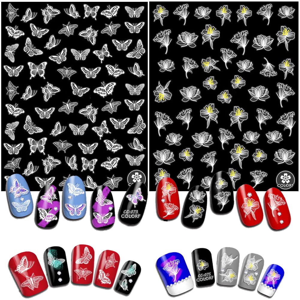 9 Sheets Floral Nail Art Stickers - White Flower Nail Decals, 3D Self-Adhesive Butterfly, Tulip & Cherry Blossom Designs for DIY Acrylic Nails | Perfect for Spring Nail Art, Bridal Manicures & Salon Decorations