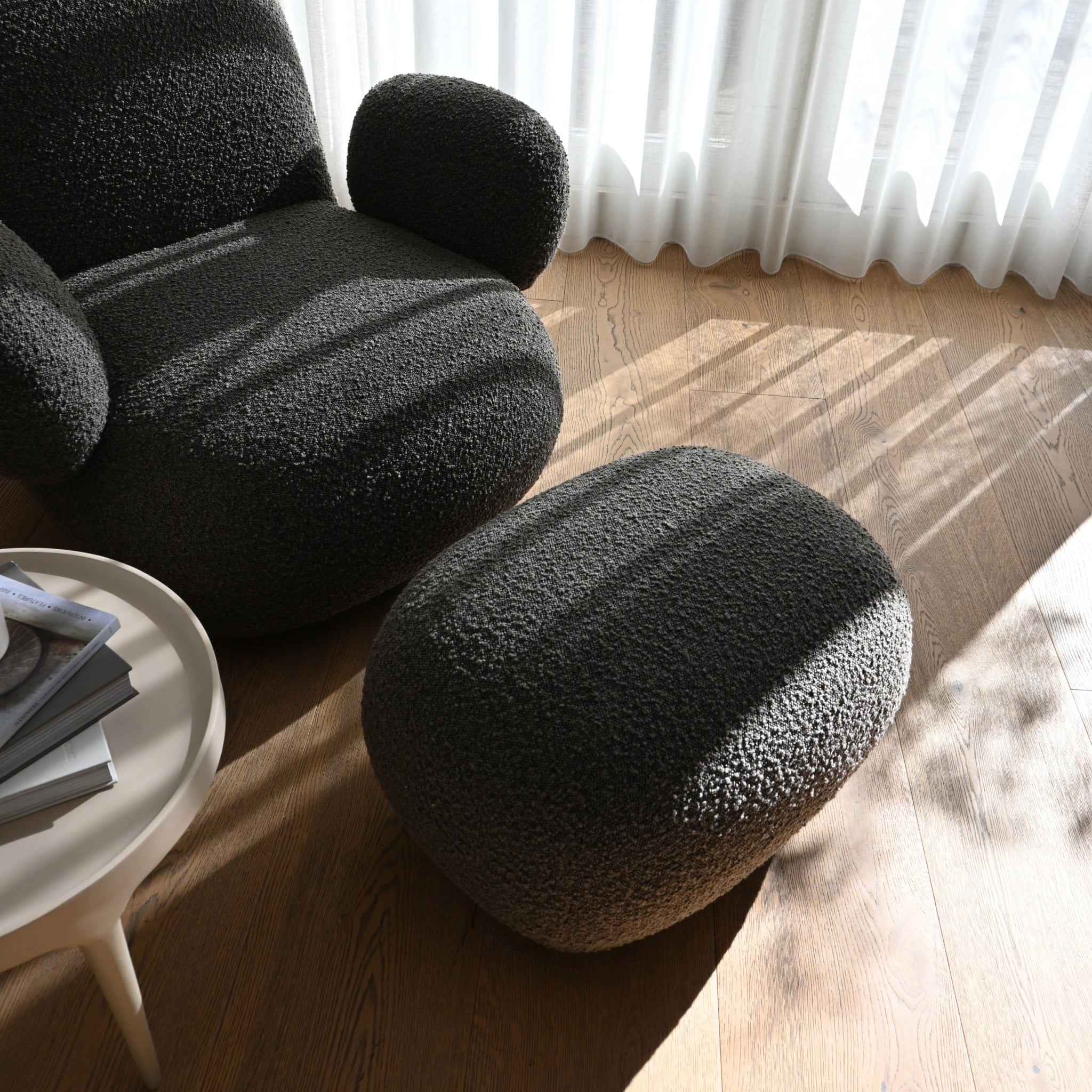 PRE ORDER 101 COPENHAGEN Toe Ottoman, Deep Taupe Bouclé Upholstered Footstool - Modern Living Room Accent Piece for Cozy Home Decor