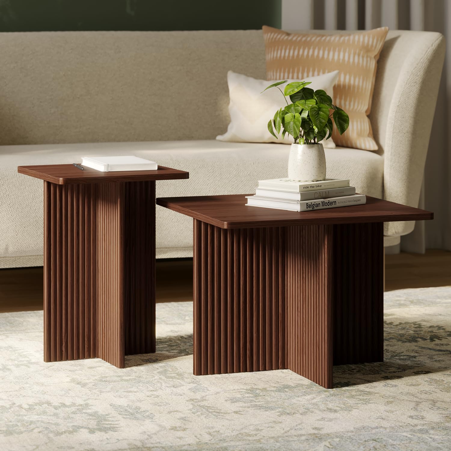 Square Fluted Nesting Coffee Table Set - 2 Piece Low Profile Modern Living Room Furniture with Solid Oak Base (Walnut) - Perfect for Small Spaces, Apartments & Contemporary Home Decor
