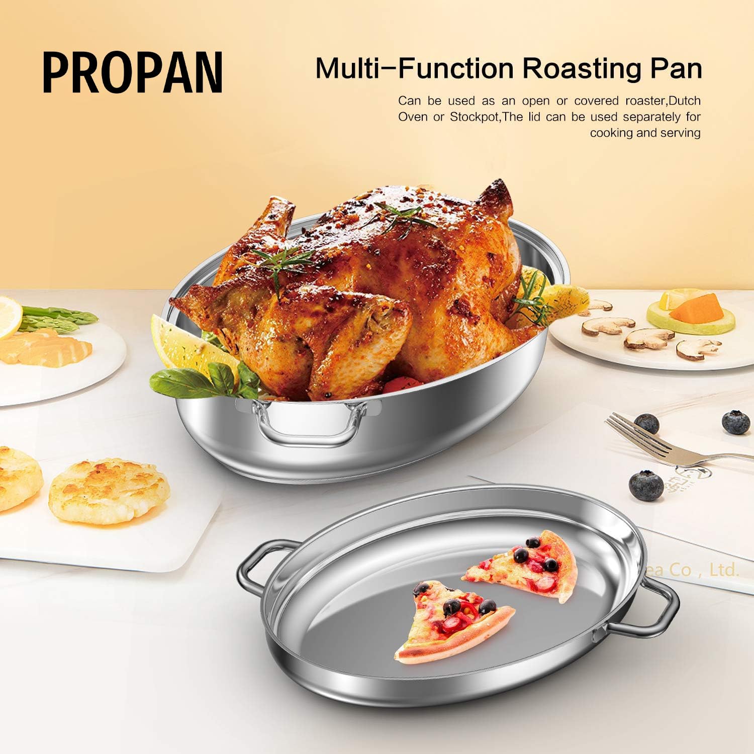 PROPAN 12 Quart Roasting Pan with Rack & Lid - 18/10 Stainless Steel Oval Dutch Oven - Induction Compatible, Dishwasher & Oven Safe Turkey Roaster (17 Inch) - Perfect for Holiday Meals, Roasting Turkey, Chicken, Beef & Baking Casseroles