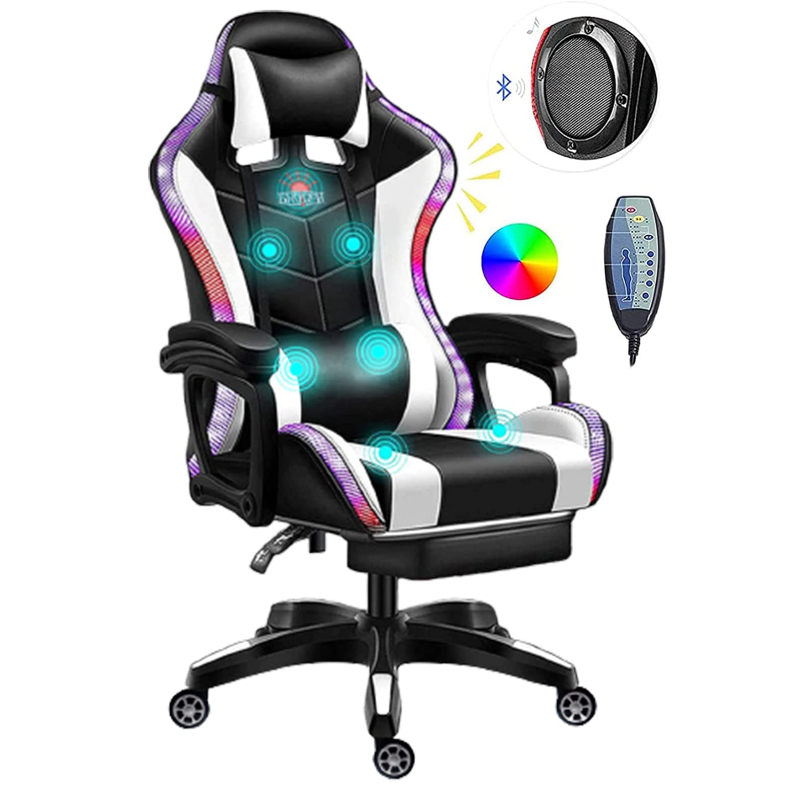 2022 Latest RGB LED Gaming Chair - Ergonomic High Back Computer Chair with Massage & Adjustable Reclining for Office/Home Use - White Video Game Chair for PC & Console Gaming