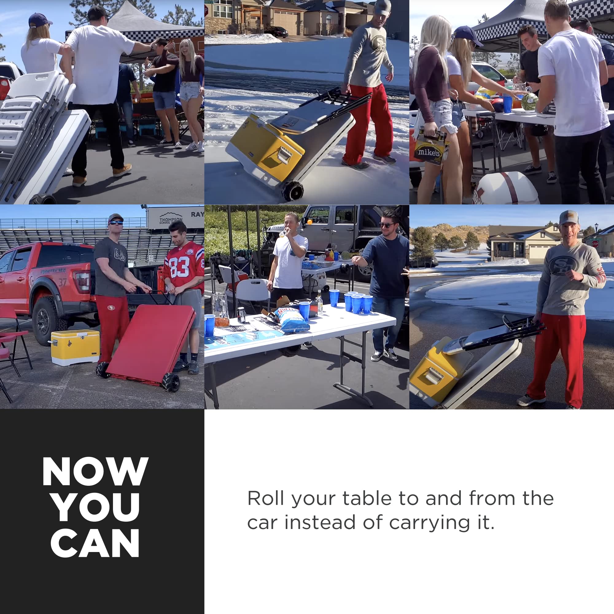 6 Ft Portable Outdoor Folding Table and Chairs Set with Built-in Wheels - Durable White & Black Plastic for Picnics, Camping & Backyard BBQs