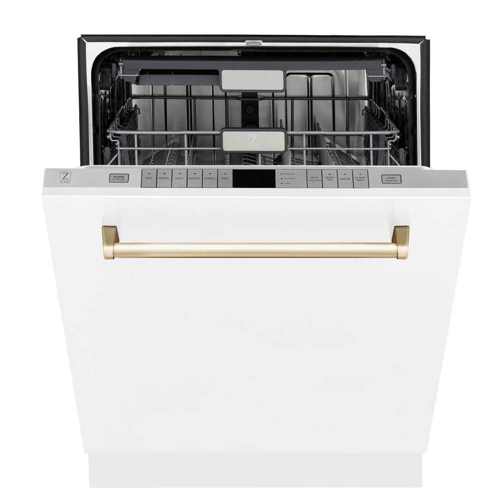 ZLINE Autograph Edition 24 Inch Monument Series 3rd Rack Tall Tub Dishwasher - White Matte with Polished Gold Handle, Ultra Quiet 45dBa (DWMTZ WM 24 G) | Perfect for Modern Kitchens, Open Concept Homes & Luxury Apartments