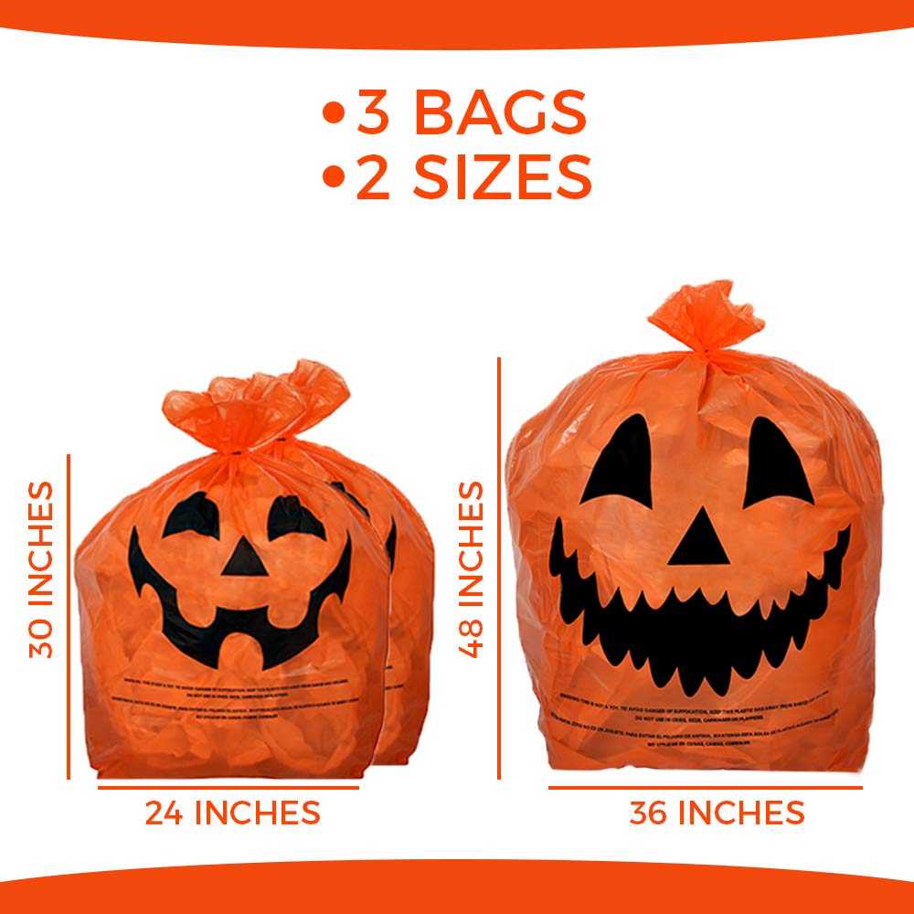 KINREX Halloween Pumpkin Leaf Bags - 3 Pack Orange Plastic Lawn Bags with Twist Ties for Fall Yard Decor | Jack O' Lantern Outdoor Trash Bags | Perfect for Autumn Leaf Cleanup & Spooky Halloween Decorations
