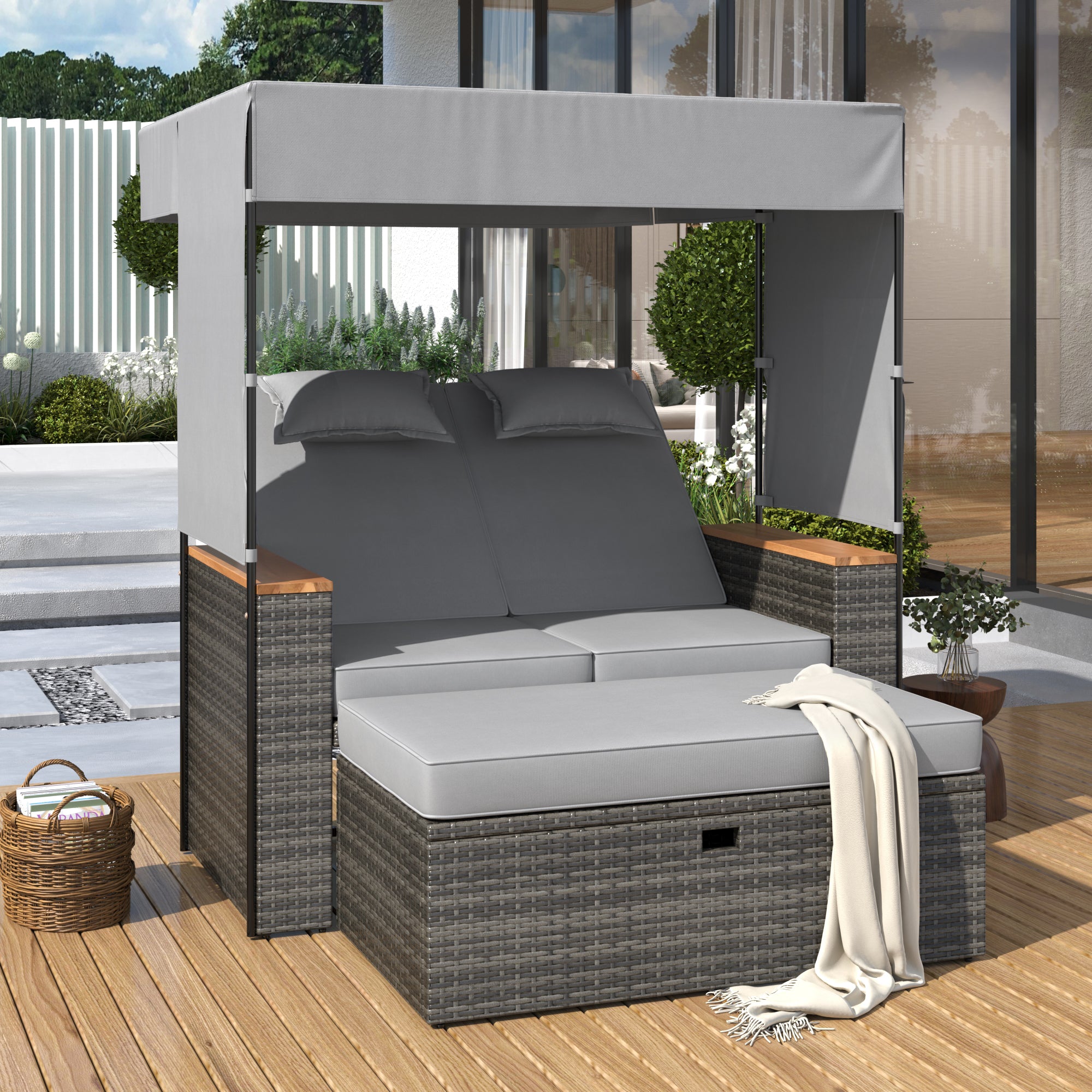 2-Piece Outdoor Rattan Daybed with 5 Adjustable Positions - Patio Loveseat Sofa Set for Poolside, Garden, or Backyard Relaxation