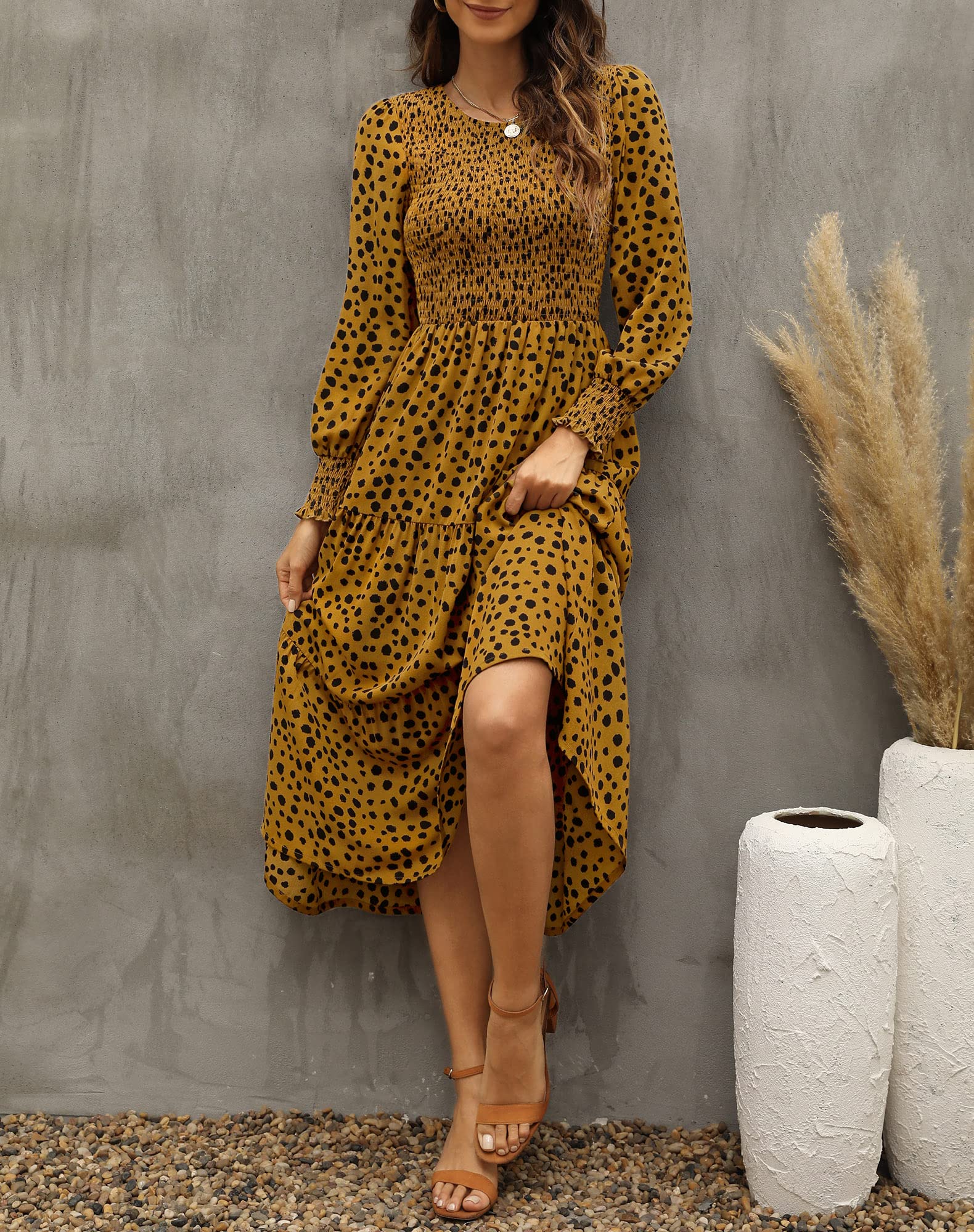 Zattcas Women's Fall Dresses 2025 - Casual Long Sleeve Smocked Boho Floral Tiered Midi Dress with Pockets for Wedding Guest, Party, Date Night & Autumn Outfits