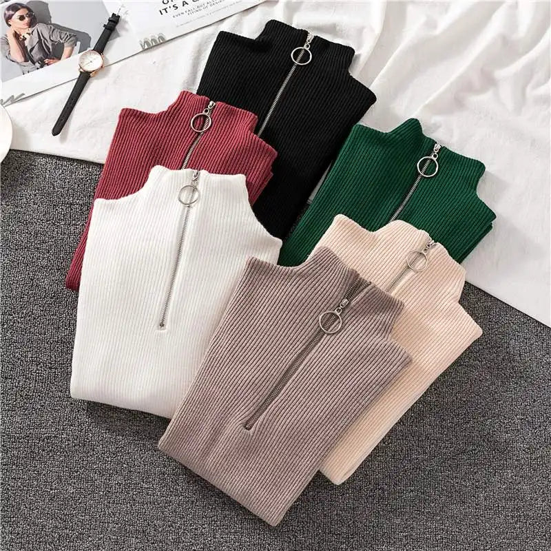 Vintage Solid Knitted Long Sleeve Zip-Up Half Turtleneck Sweater for Women - Cozy Winter Pullover for Casual Outfits & Office Wear