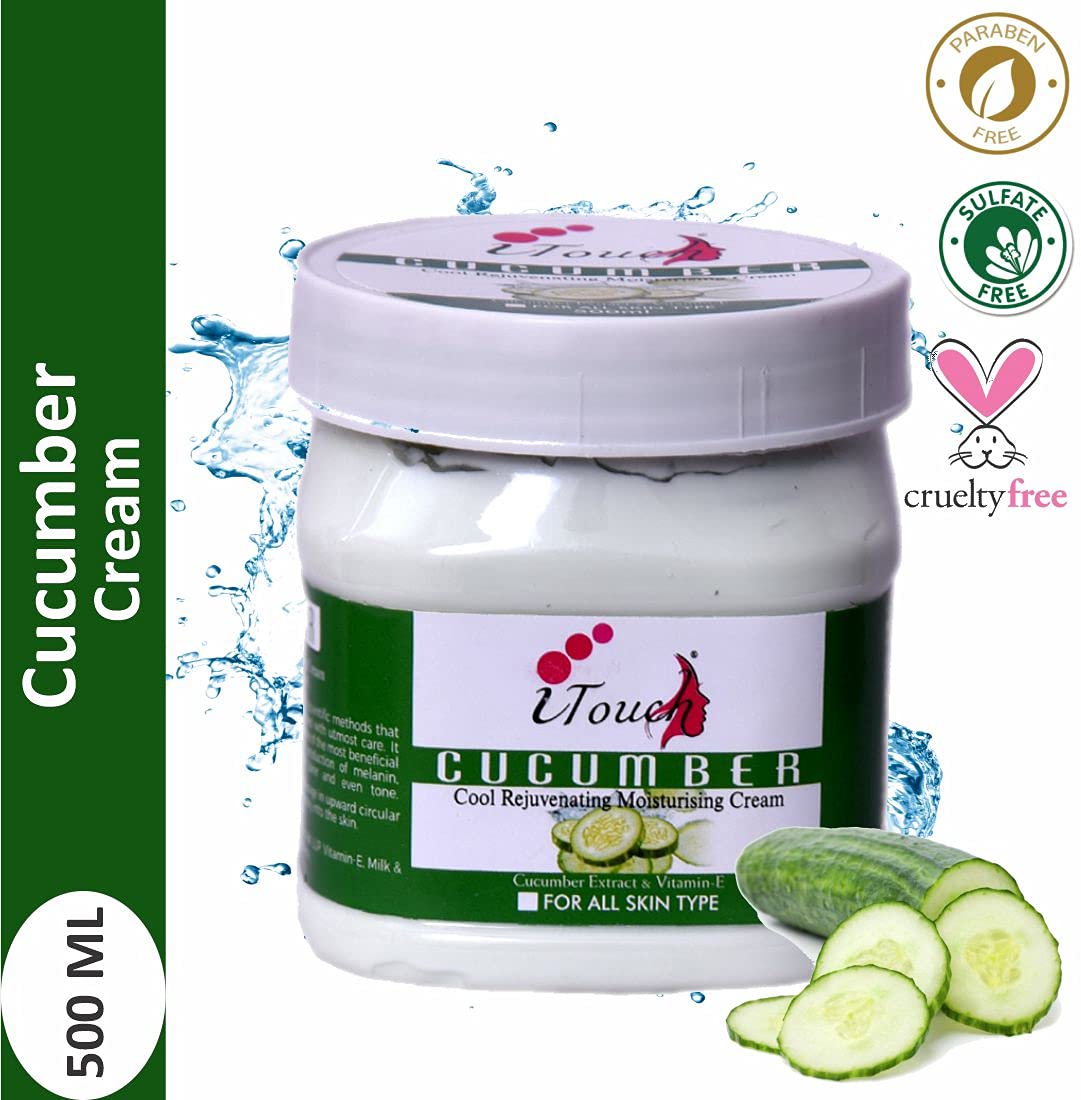 I TOUCH HERBAL Cucumber Cream for Face & Body - Moisturizing, Whitening & Brightening Cream | Softening & Nourishing Facial & Body Lotion (500ml) | Perfect for Dry Skin, Day & Night Hydration