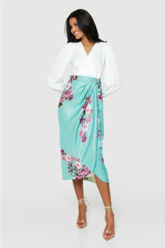 Paula Pencil Wrap Midi Dress in Turquoise - Flattering Bodycon Dress for Work, Date Night & Special Occasions