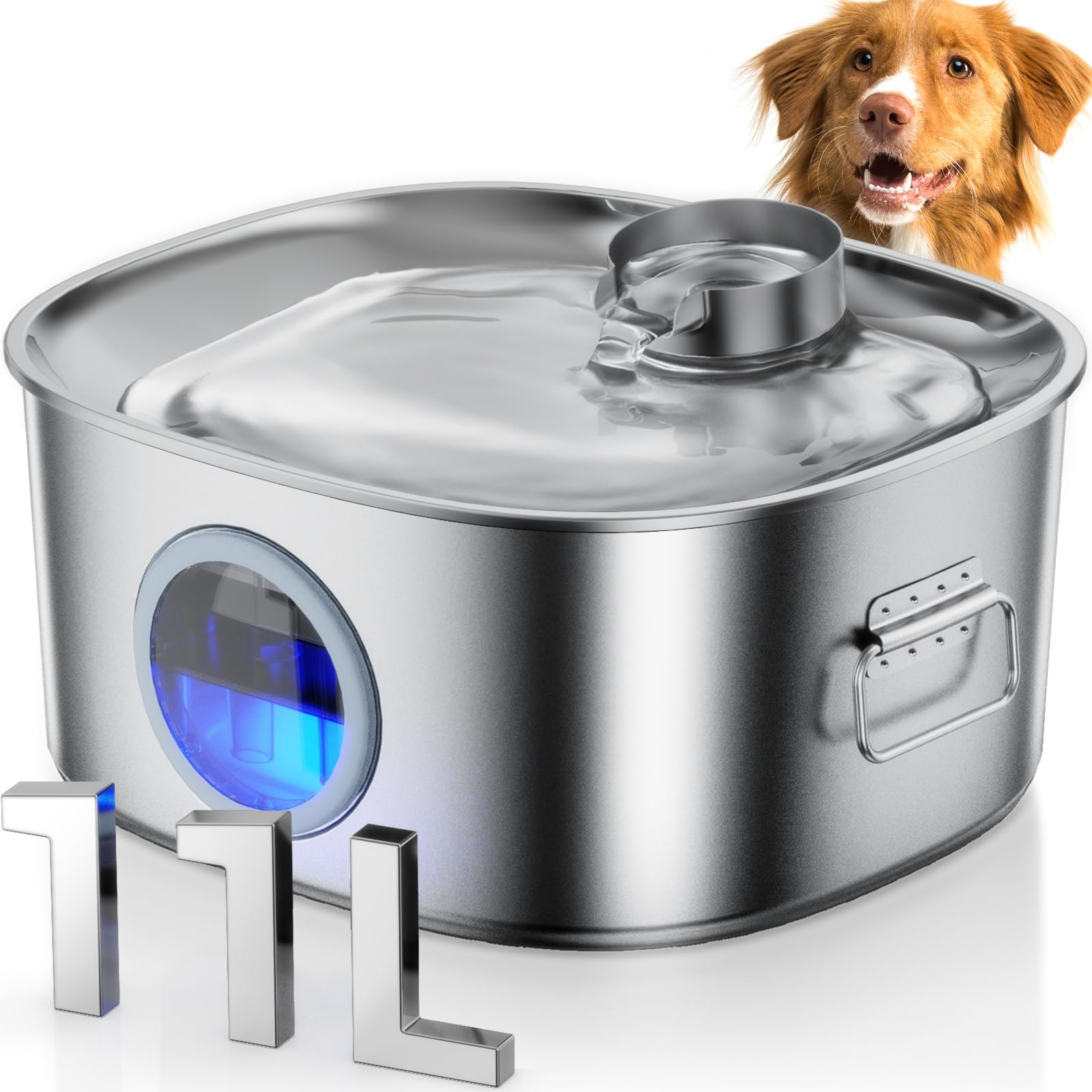 Stainless Steel Dog Water Fountain - 11L/2.8Gal Large Automatic Pet Water Dispenser with LED Light & Visible Window | Ultra Quiet for Dogs & Multi-Pets | Indoor Use for Large Dogs & Cats