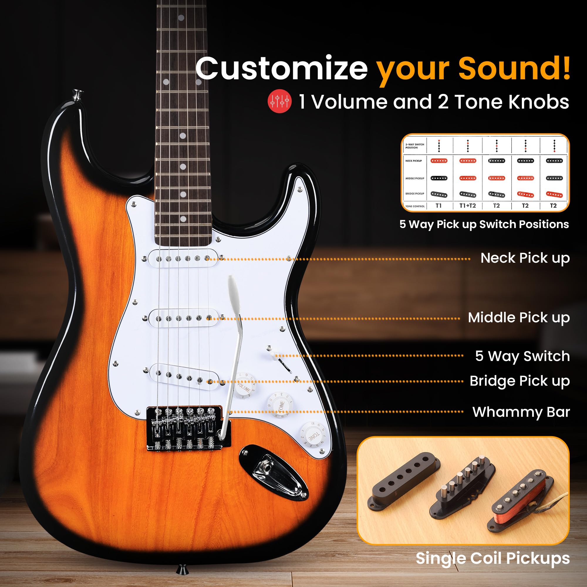 Pyle Full Size Electric Guitar Starter Kit with 5W Amp, Gig Bag, Accessories - ST-Style Beginner Guitar with 22 Frets, Paulownia Wood Body in Sunburst Finish | Perfect for Learning, Practice & Home Performances